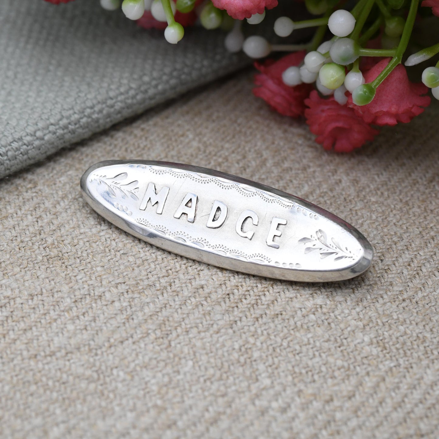Antique Sterling Silver Madge Name Brooch 1904 Edwardian by Ward Brothers WBs - Personalised Sentimental Name Jewellery | Chester Hallmarks
