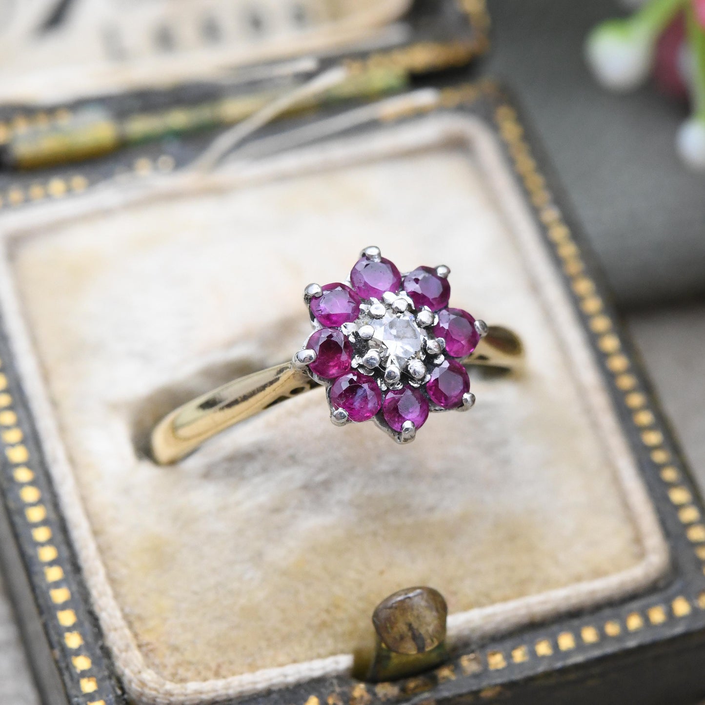 Antique 18ct Gold and Platinum Ruby and Diamond Floral Cluster Ring - Pretty Flower Halo | Anniversary Gift | UK Size - L | US Size - 5 3/4