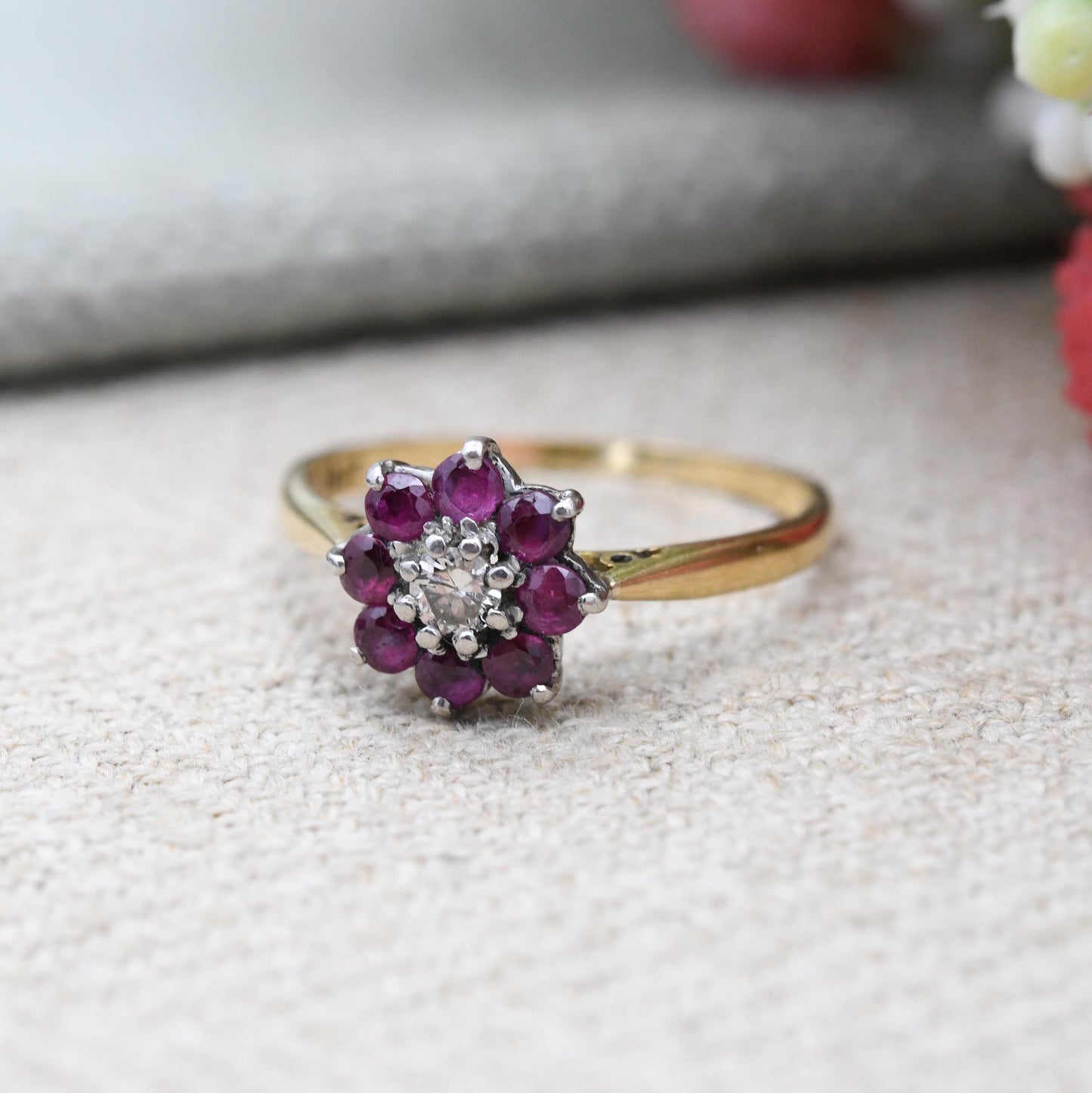 Antique 18ct Gold and Platinum Ruby and Diamond Floral Cluster Ring - Pretty Flower Halo | Anniversary Gift | UK Size - L | US Size - 5 3/4