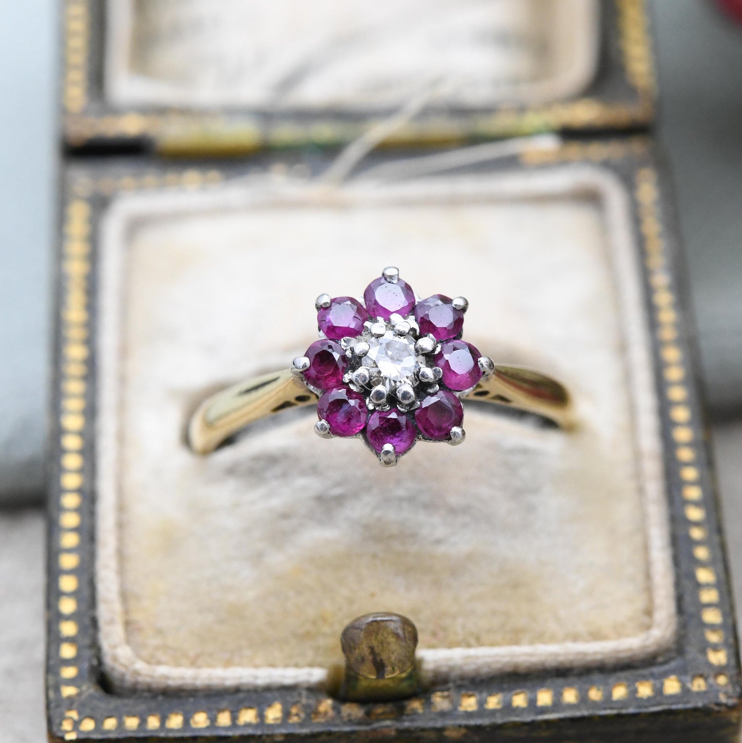 Antique 18ct Gold and Platinum Ruby and Diamond Floral Cluster Ring - Pretty Flower Halo | Anniversary Gift | UK Size - L | US Size - 5 3/4