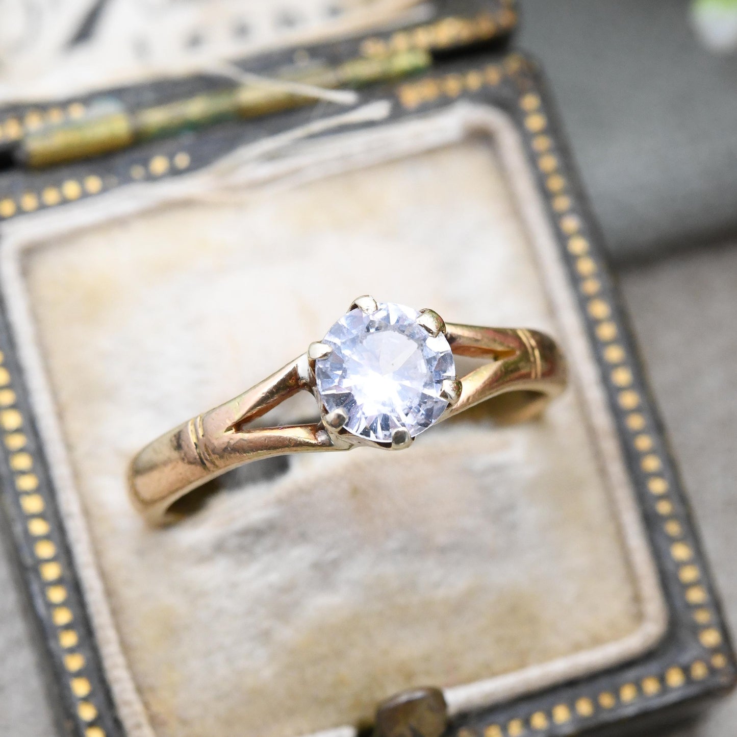 22ct Gold Solitaire Ring True Vintage 1929 Albion Chain Company ACCo - Clear Paste Stone Yellow Gold Engagement | UK Size Q | US Size 8 1/4