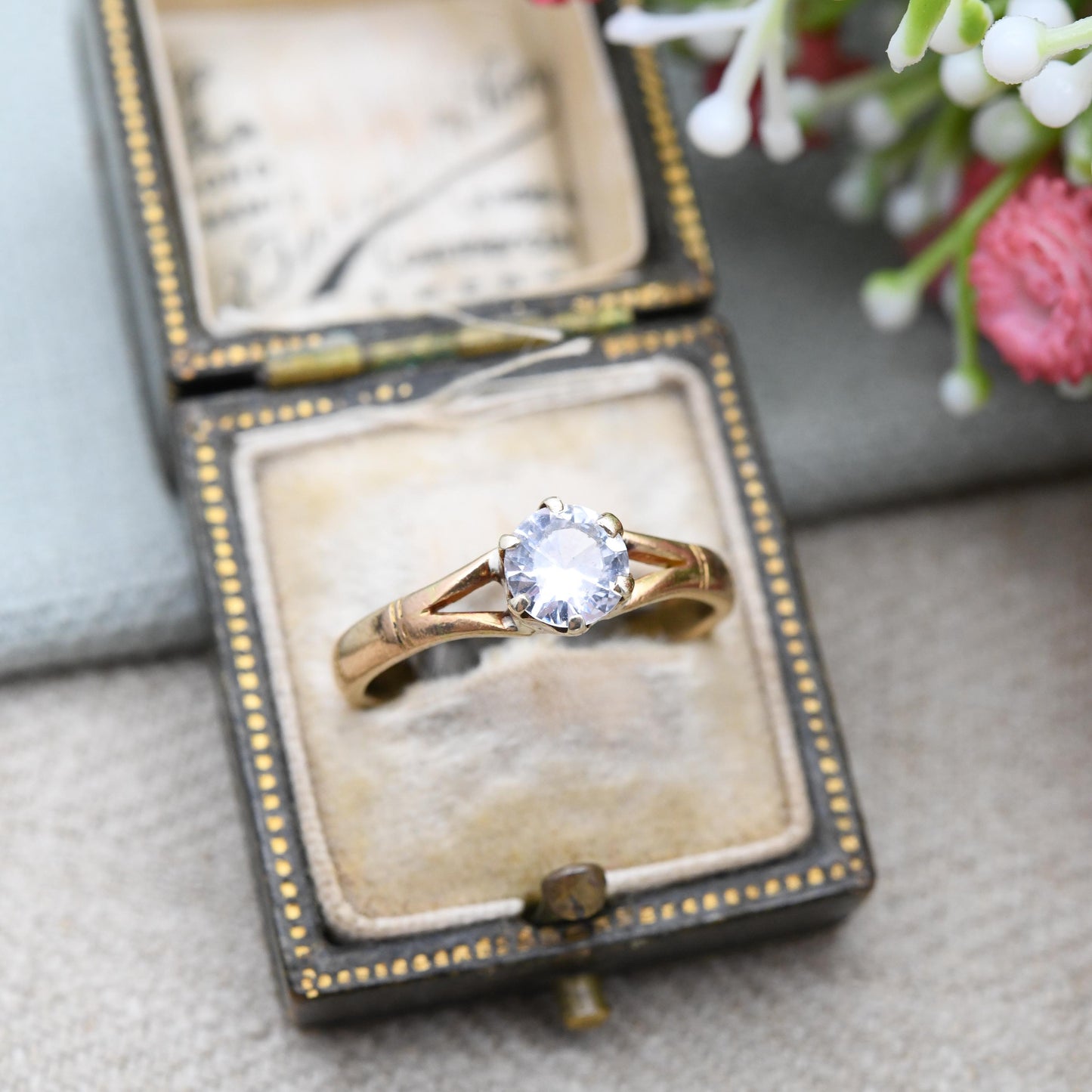 22ct Gold Solitaire Ring True Vintage 1929 Albion Chain Company ACCo - Clear Paste Stone Yellow Gold Engagement | UK Size Q | US Size 8 1/4