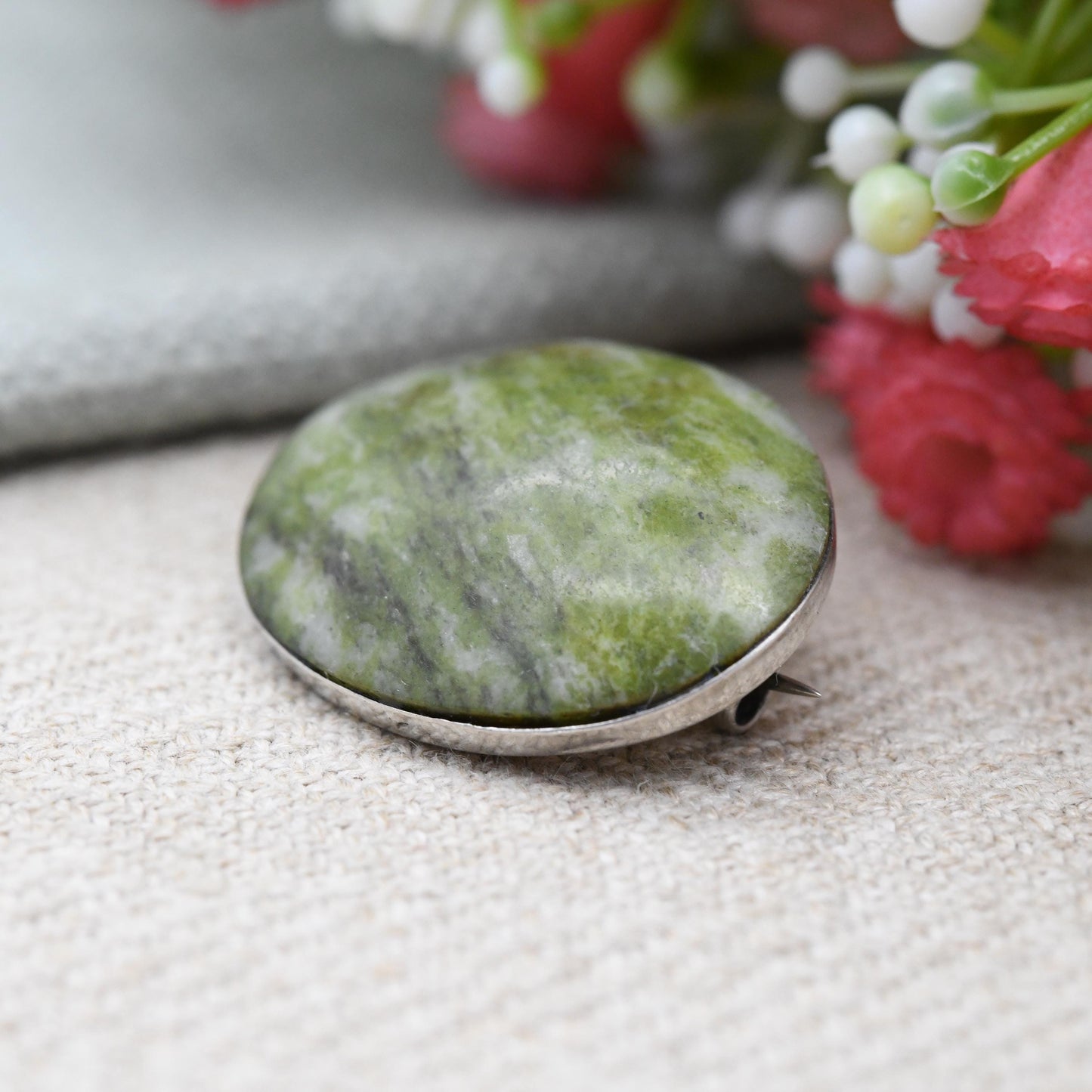 Antique Sterling Silver Green Marble Brooch c 1920s - Mottled Green Hard Stone | Understated Oval Cabochon Gemstone Jewellery