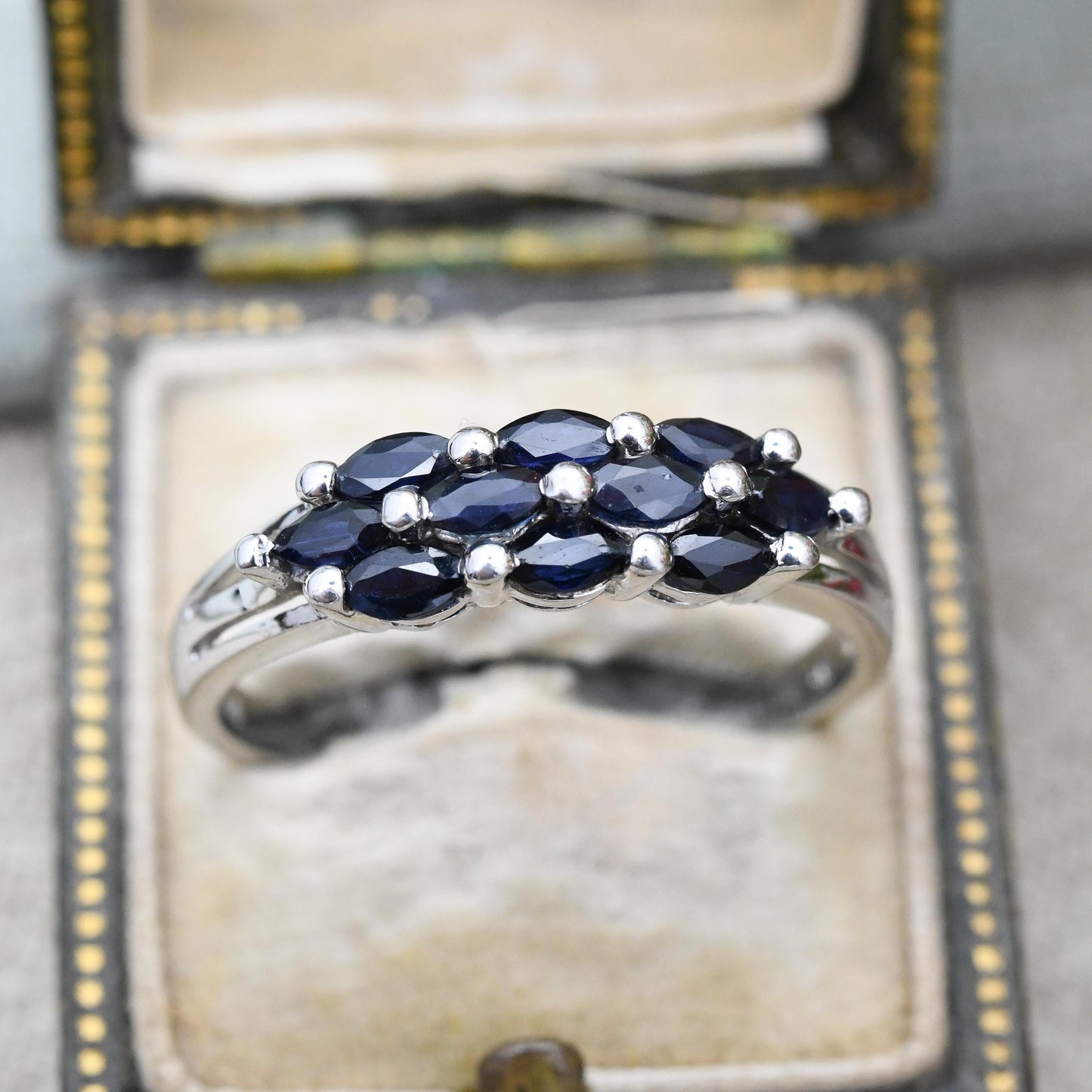 9ct White Gold Sapphire Ring 2001 Marquise Cut Cluster - QVC Faceted Blue Gemstone Ring | Gift for Her | UK Size - W | US Size - 11