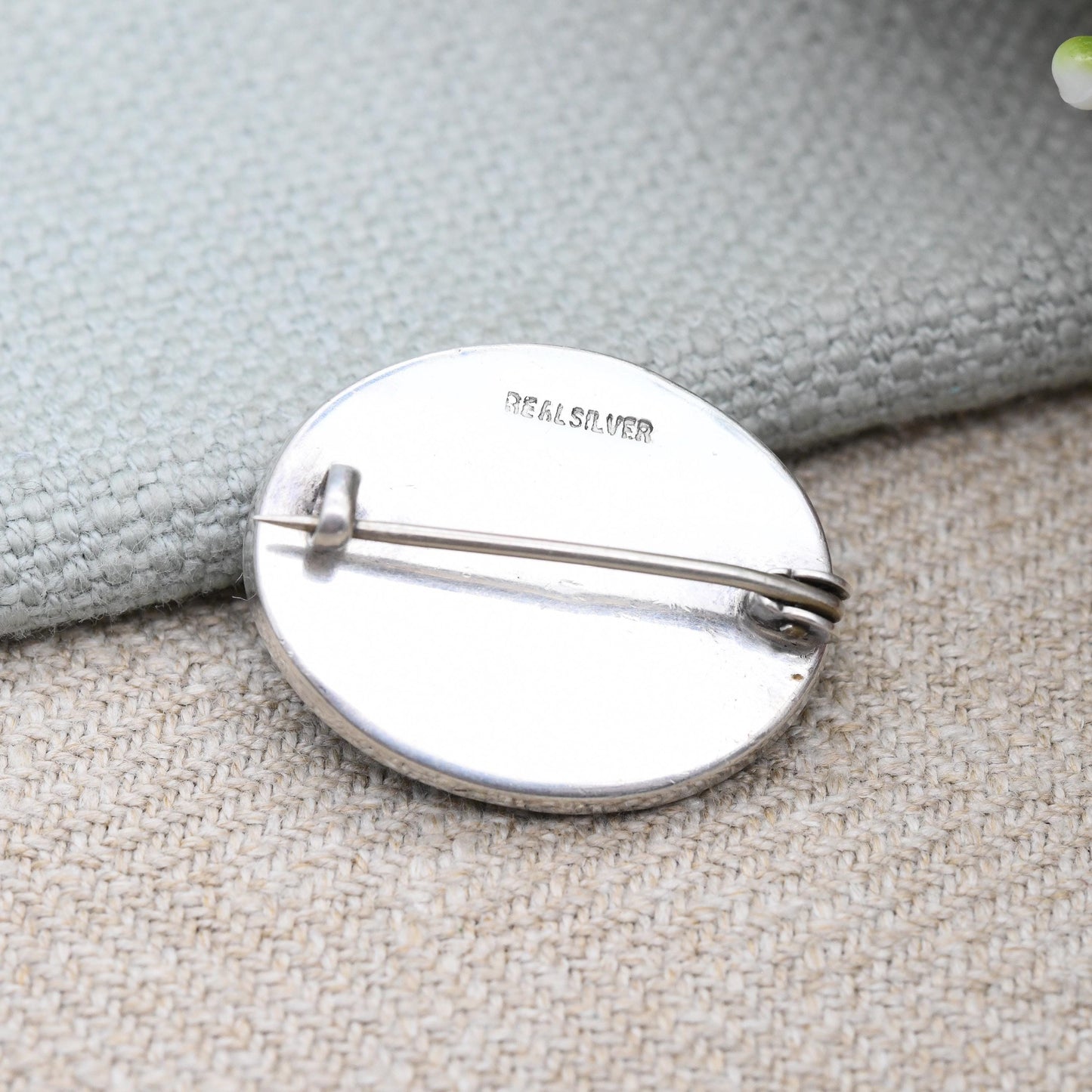 Antique Sterling Silver Green Marble Brooch c 1920s - Mottled Green Hard Stone | Understated Oval Cabochon Gemstone Jewellery
