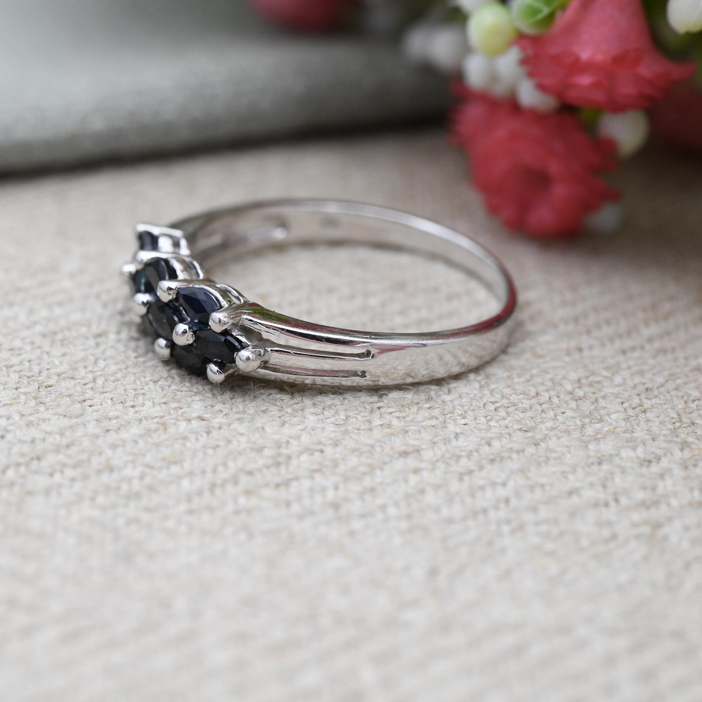 9ct White Gold Sapphire Ring 2001 Marquise Cut Cluster - QVC Faceted Blue Gemstone Ring | Gift for Her | UK Size - W | US Size - 11