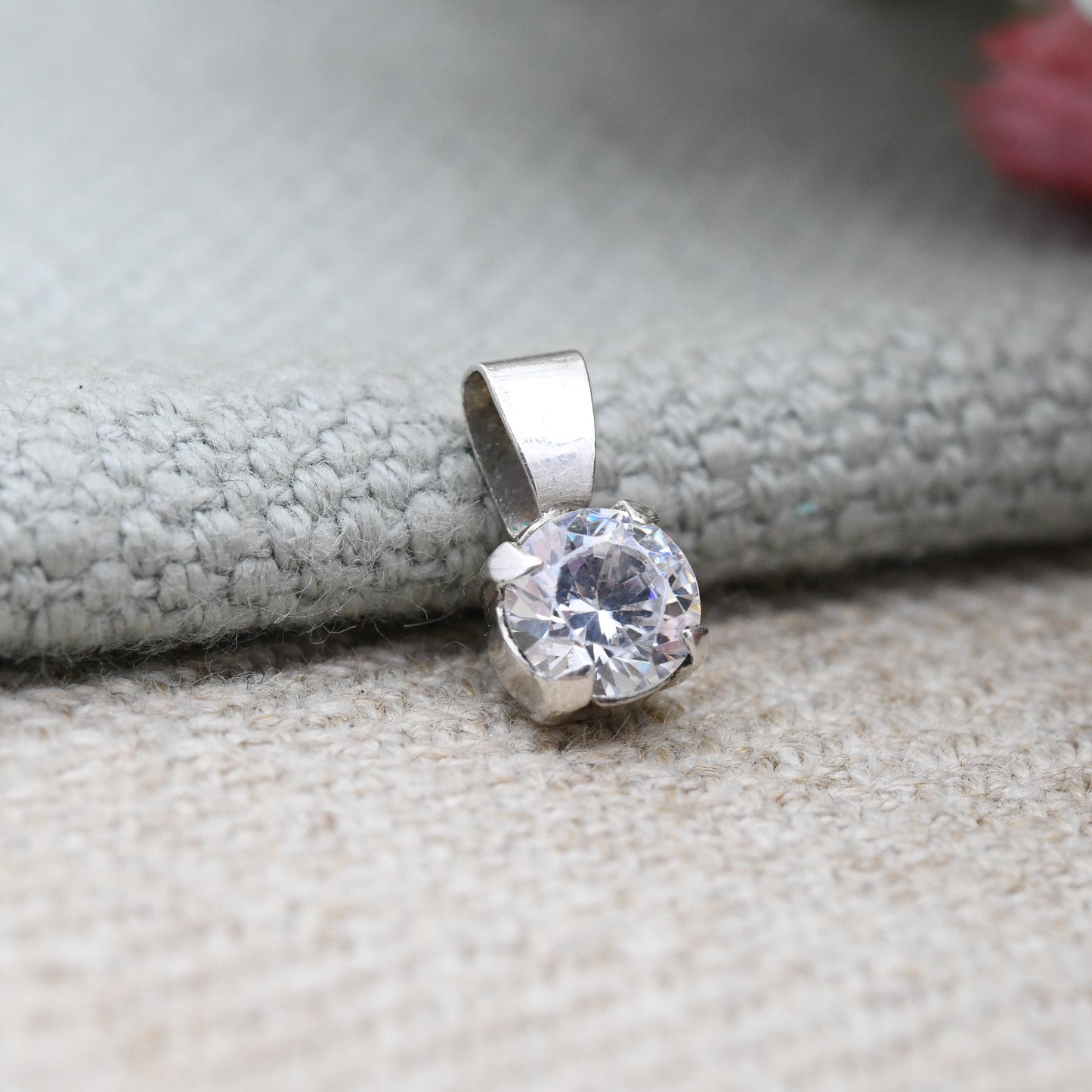 Vintage Sterling Silver CZ Solitaire Pendant 1983 MM - Small Sparkly Pendant Charm for Charm Necklace | Large Clear Stone