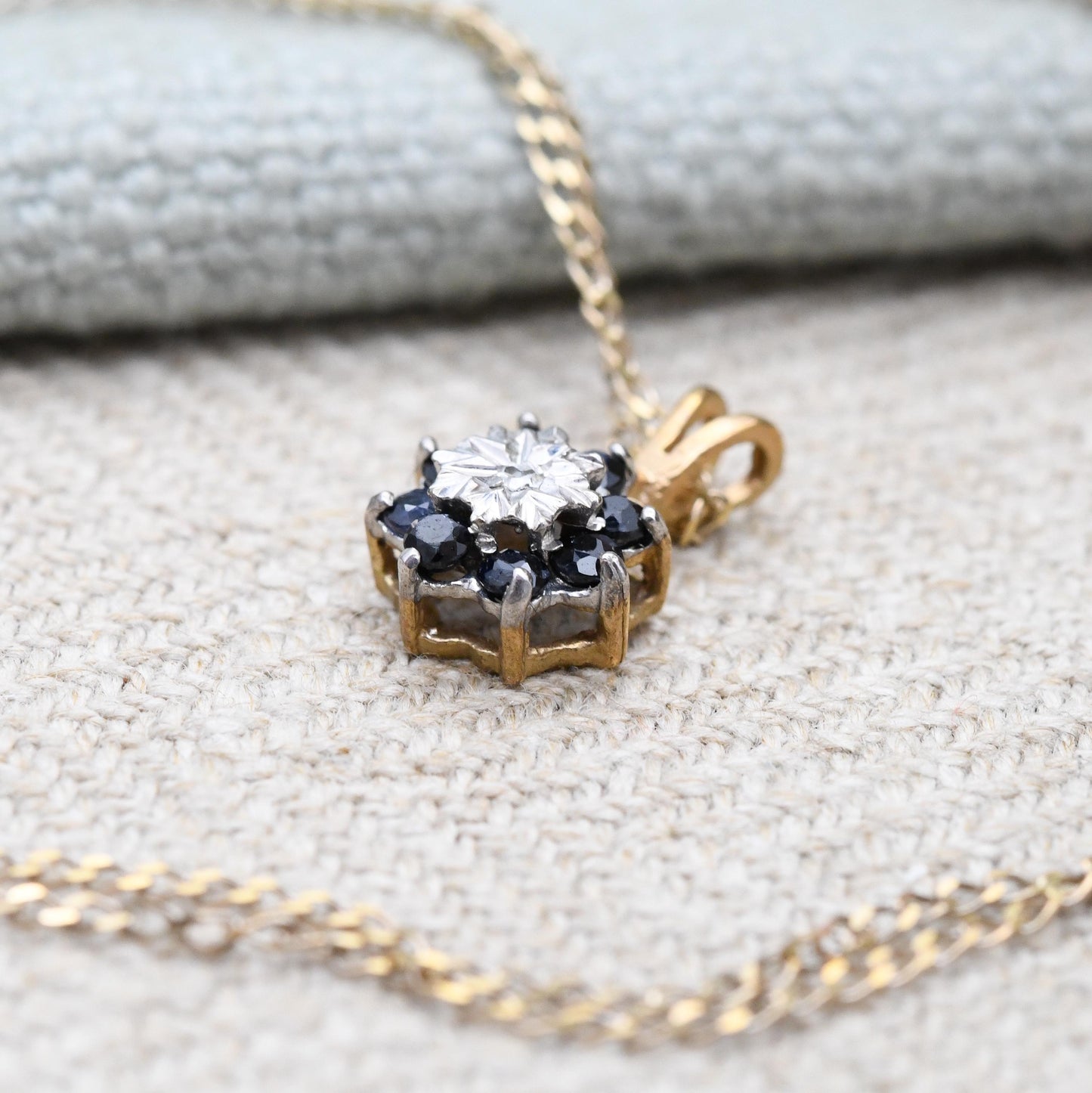 Vintage 9ct Gold Sapphire and Diamond Pendant Necklace Floral Halo 1989 - Mid-Century Miniature Gemstone Charm on a Trace Chain Blue & White