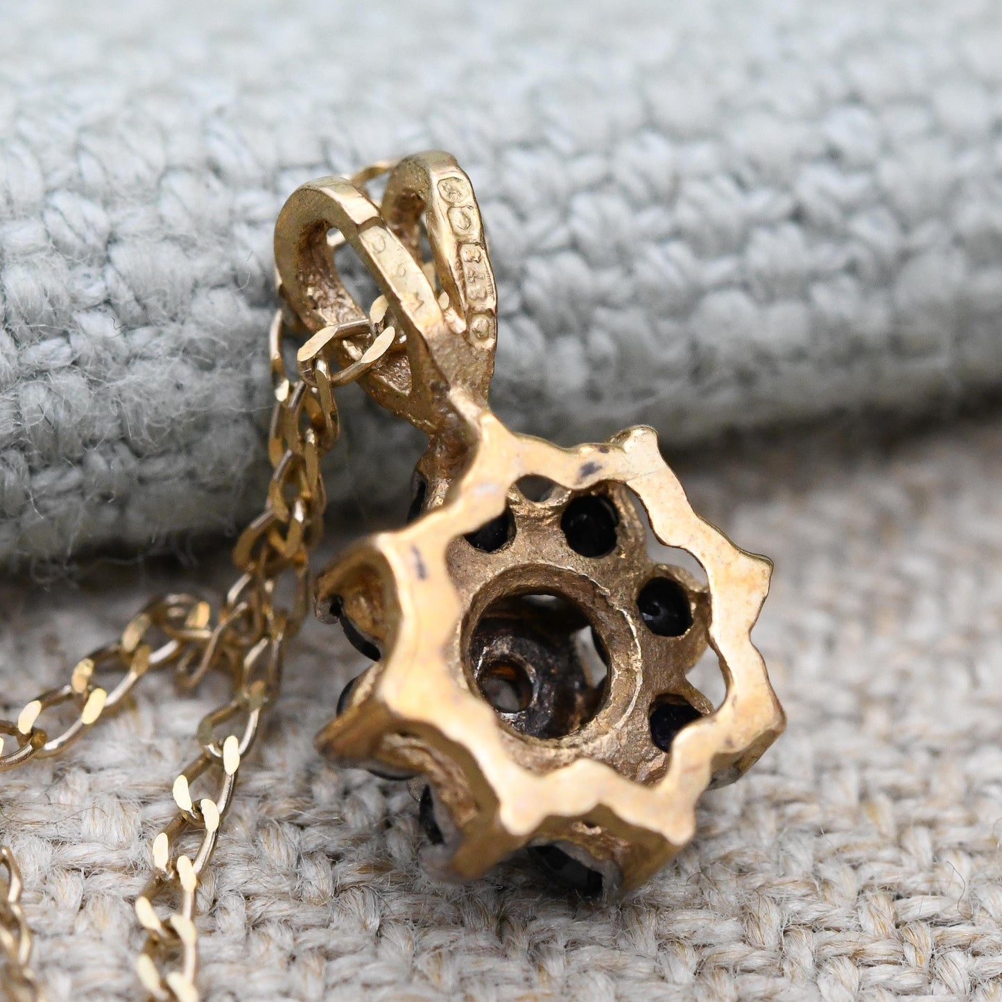 Vintage 9ct Gold Sapphire and Diamond Pendant Necklace Floral Halo 1989 - Mid-Century Miniature Gemstone Charm on a Trace Chain Blue & White