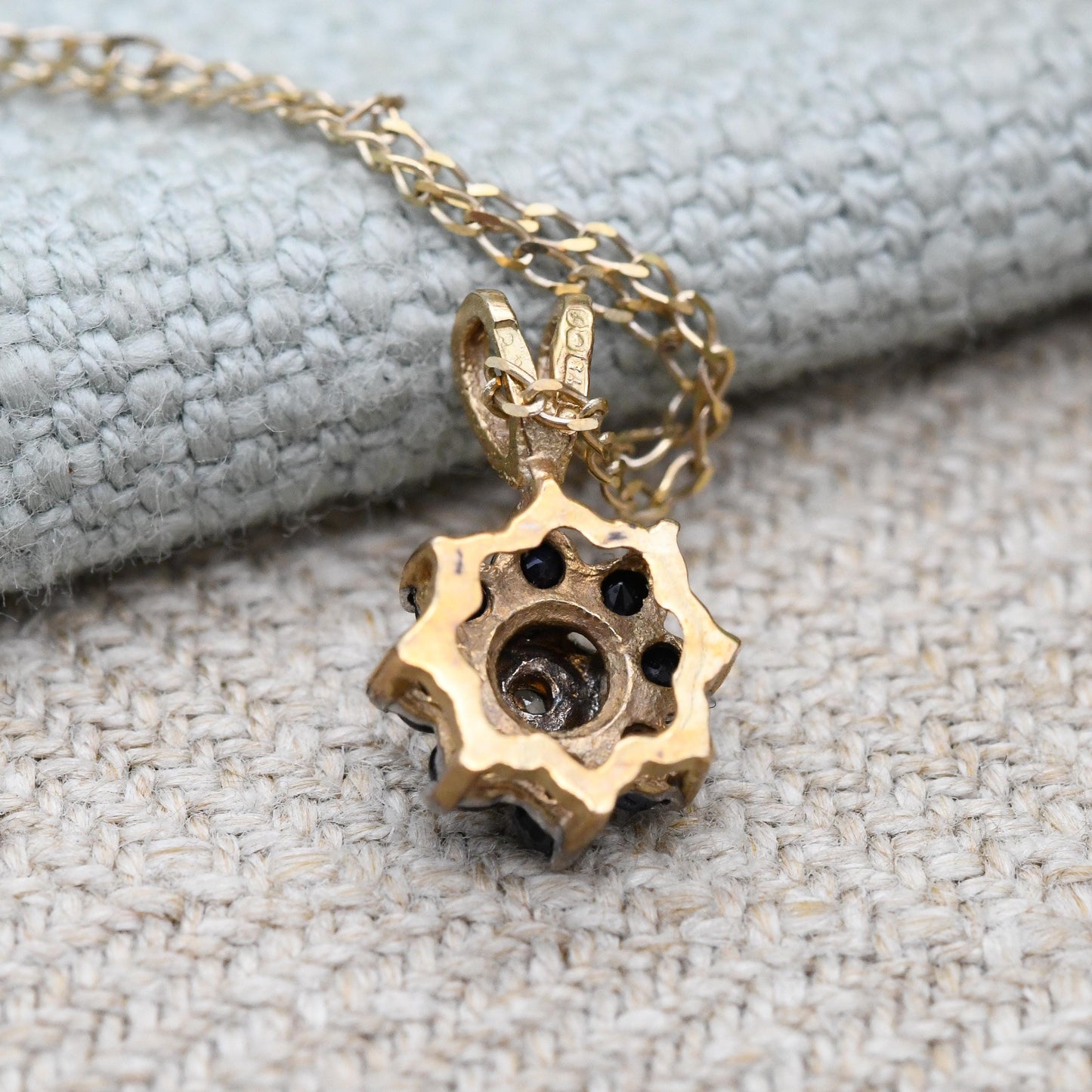 Vintage 9ct Gold Sapphire and Diamond Pendant Necklace Floral Halo 1989 - Mid-Century Miniature Gemstone Charm on a Trace Chain Blue & White