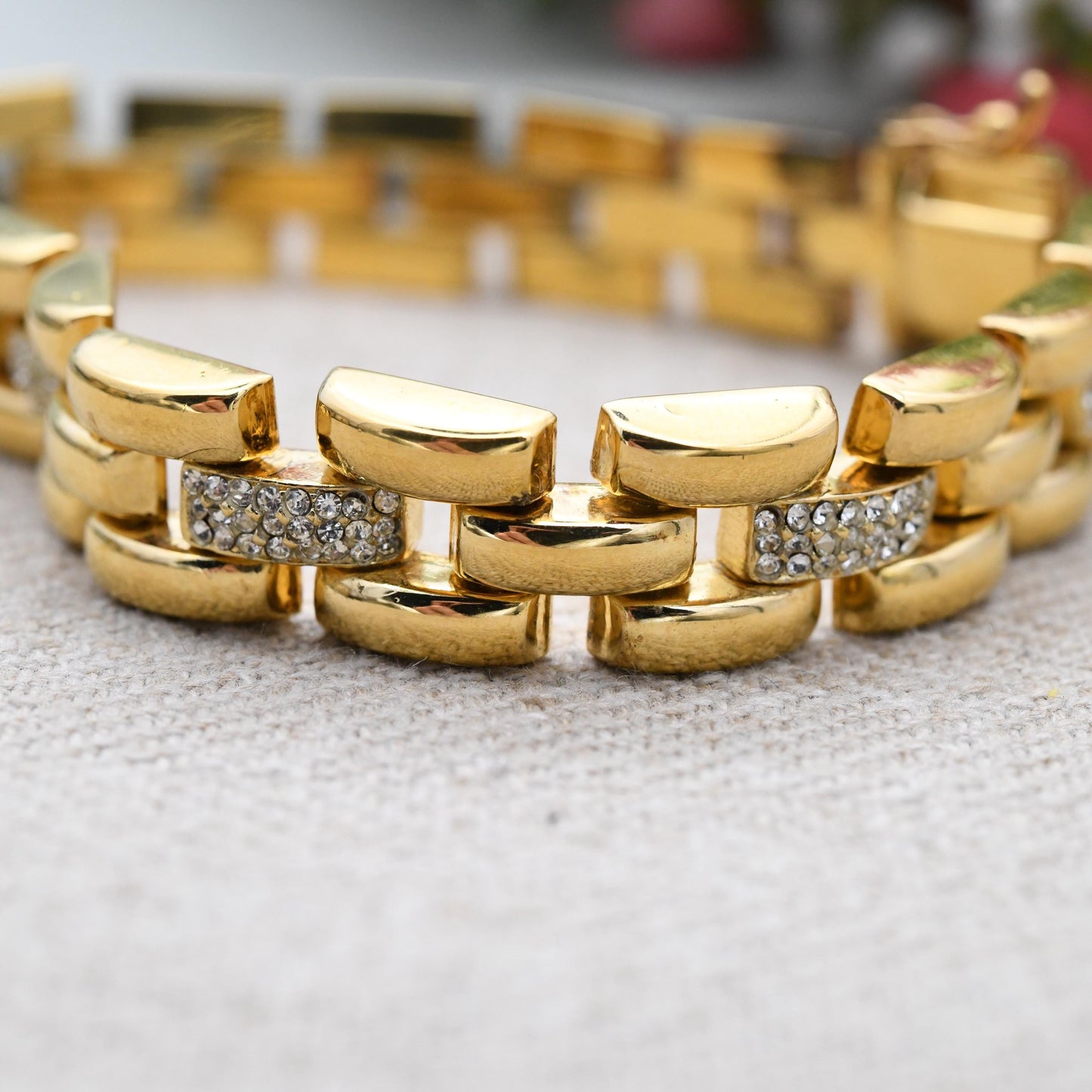 Italian Gold Plated Sterling Silver Bracelet with Clear Stones - Chunky Rounded Gate Link Yellow Gold Unisex Statement Jewellery Gift Large