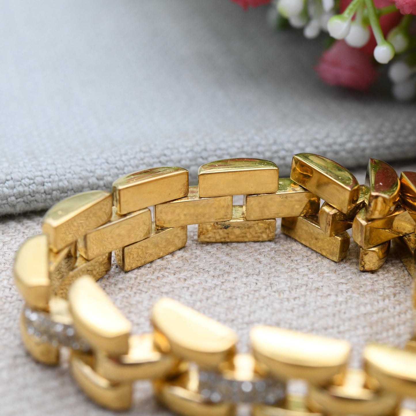 Italian Gold Plated Sterling Silver Bracelet with Clear Stones - Chunky Rounded Gate Link Yellow Gold Unisex Statement Jewellery Gift Large
