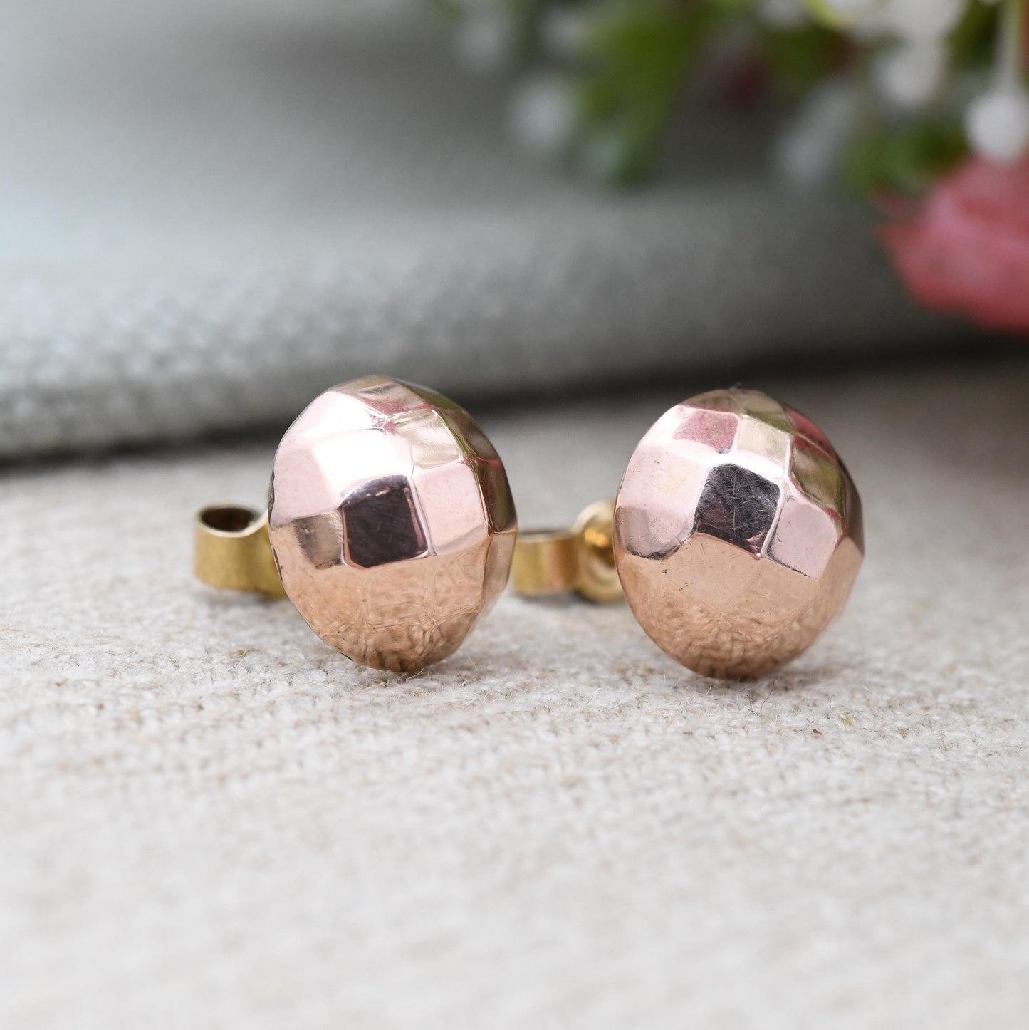 Vintage Rose Gold Fronted Faceted Ball Stud Earrings c. 1950s 1960s - Mid-Century Large Round Studs | Gift for Her | Butterfly Backs