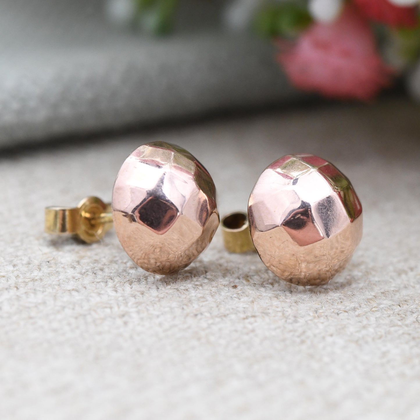 Vintage Rose Gold Fronted Faceted Ball Stud Earrings c. 1950s 1960s - Mid-Century Large Round Studs | Gift for Her | Butterfly Backs