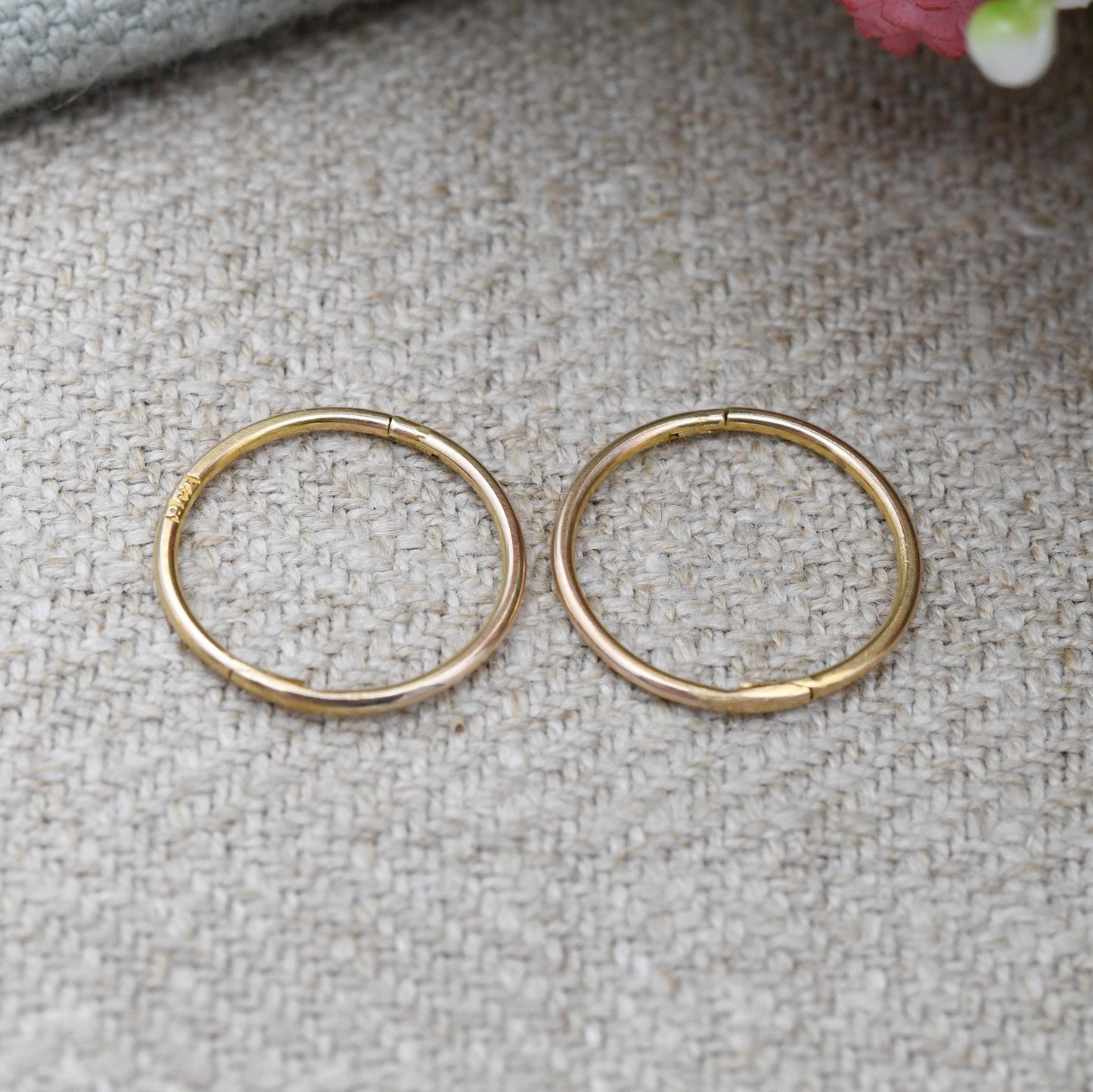 Antique 9ct Gold Hoop Earrings 14mm Diameter - c. 1910s Edwardian Era | Small Circle Hoops | Minimal Everyday Plain Round Sleeper Hoops