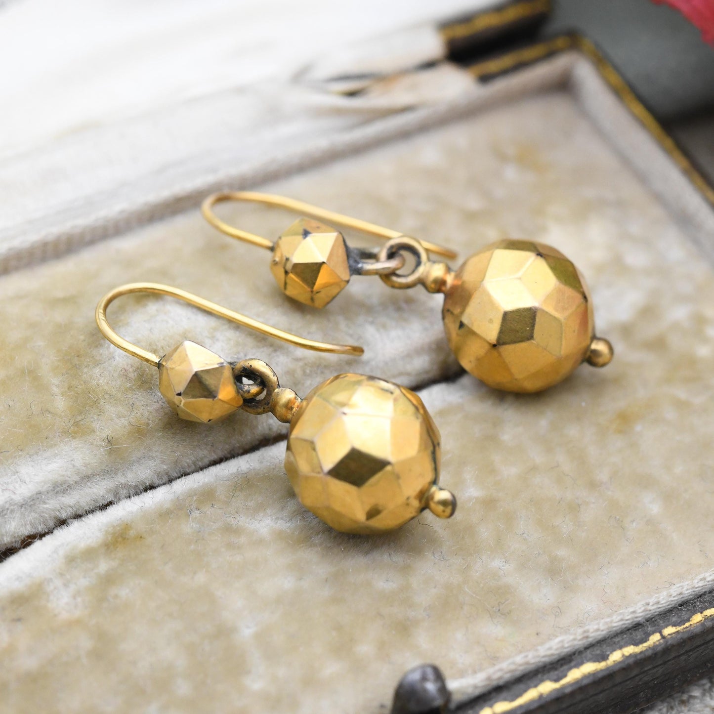 Antique Rolled Gold Faceted Ball Drop Earrings with Hook Wire - Early 20th Century Yellow Gold Tone Jewellery | Chunky Statement Earrings