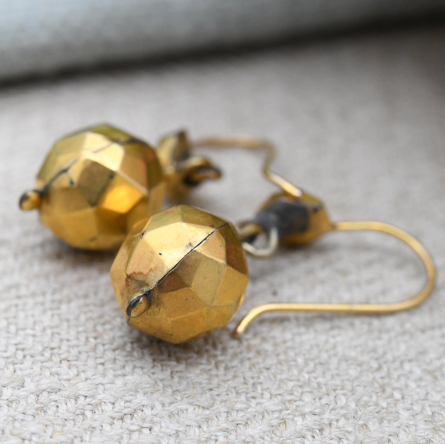 Antique Rolled Gold Faceted Ball Drop Earrings with Hook Wire - Early 20th Century Yellow Gold Tone Jewellery | Chunky Statement Earrings