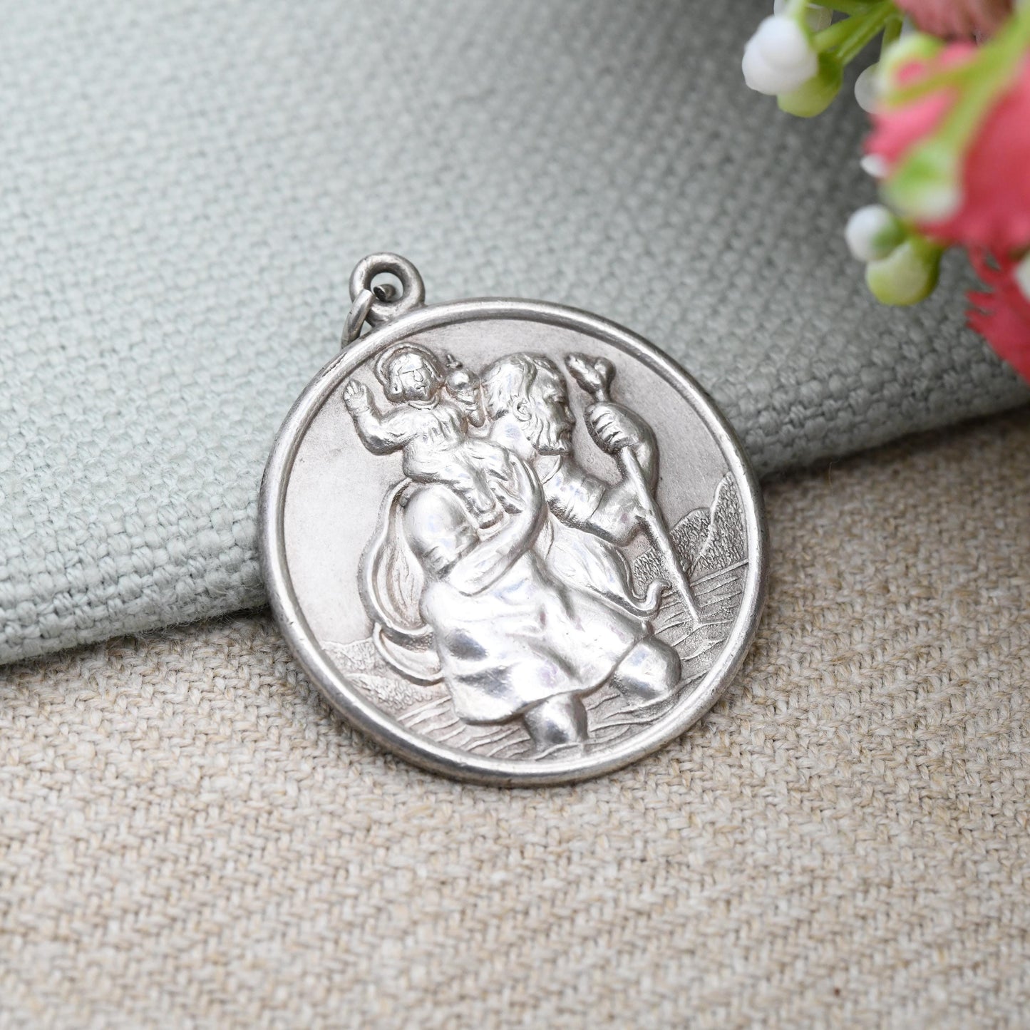 Vintage Charles Horner Sterling Silver St. Christopher Pendant 1975 - Embossed Relief Large Circle Saint of Travelling | Religious Jewellery