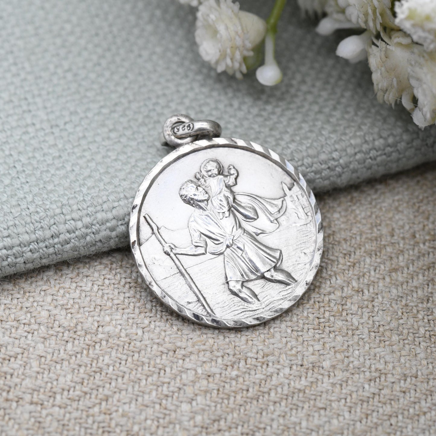 Vintage Sterling Silver St. Christopher Pendant Mid-Century - Large Circle Saint of Travelling | Christian Religious Detailed Jewellery Gift