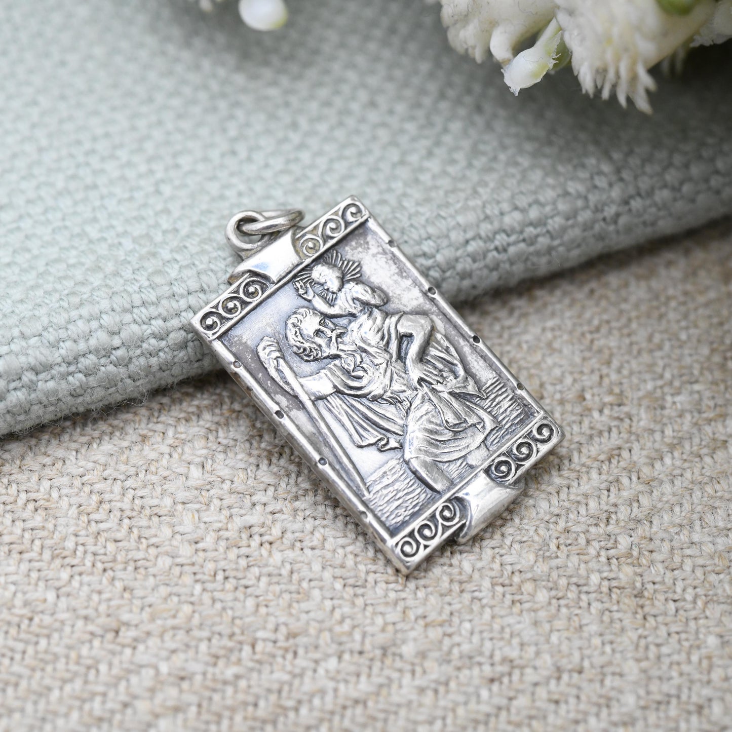 Vintage Sterling Silver St. Christopher Pendant - Rectangle Shaped Ornate Scroll Design | Saint Gift for Travel Lover Wanderlust | Detailed