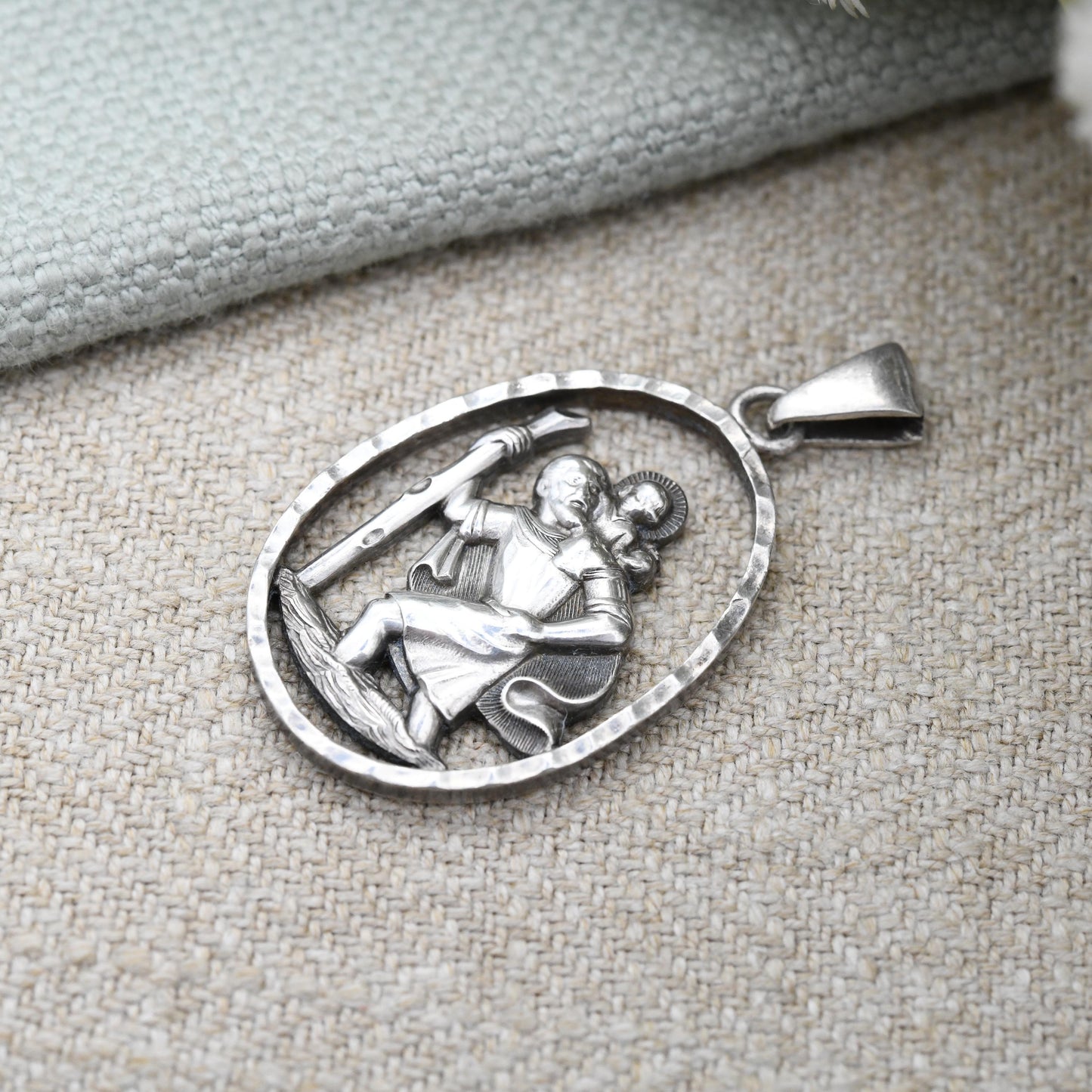 Vintage Sterling Silver St. Christopher Pendant Engraved Our Son 1972 - Large Oval Openwork Saint of Travelling | Religious Jewellery Detail