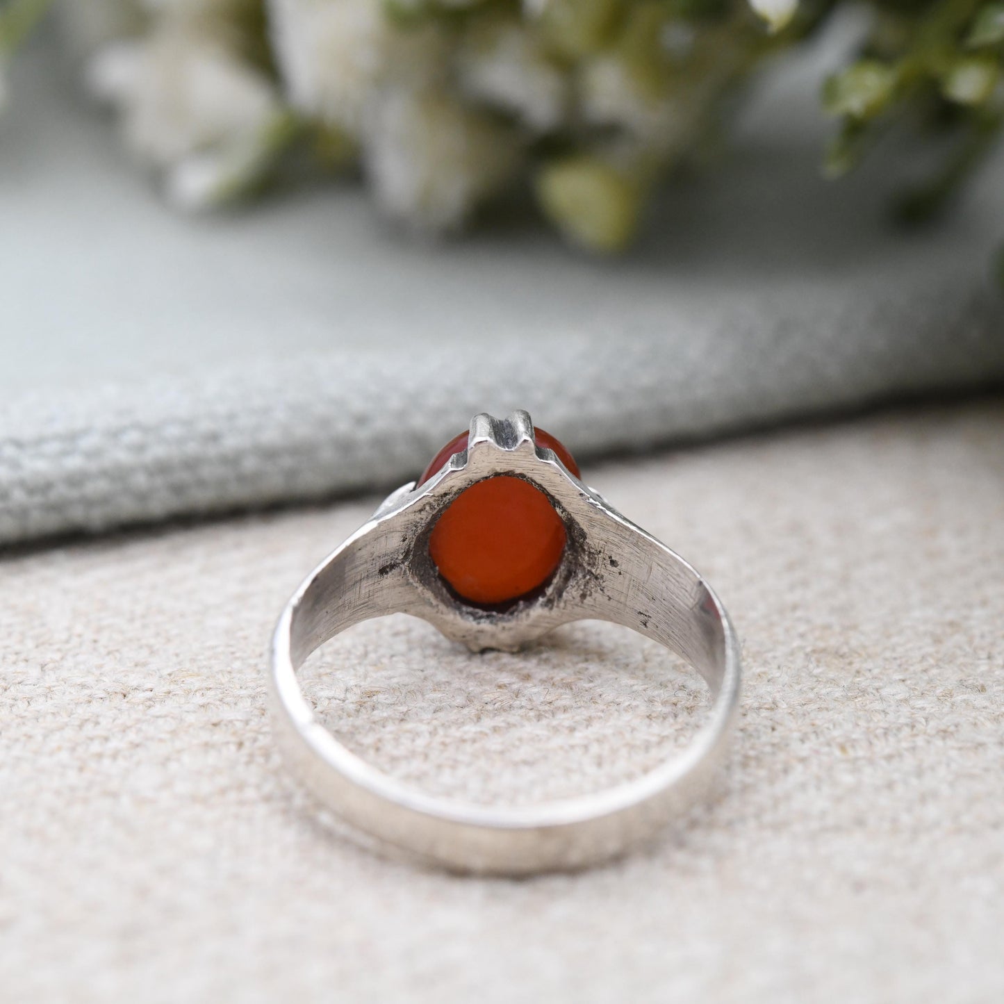 Vintage European Silver Carnelian Ring Mid-Century Modern - Oval Cabochon Red Gemstone Statement Ring | UK Size - R | US Size - 8 1/2