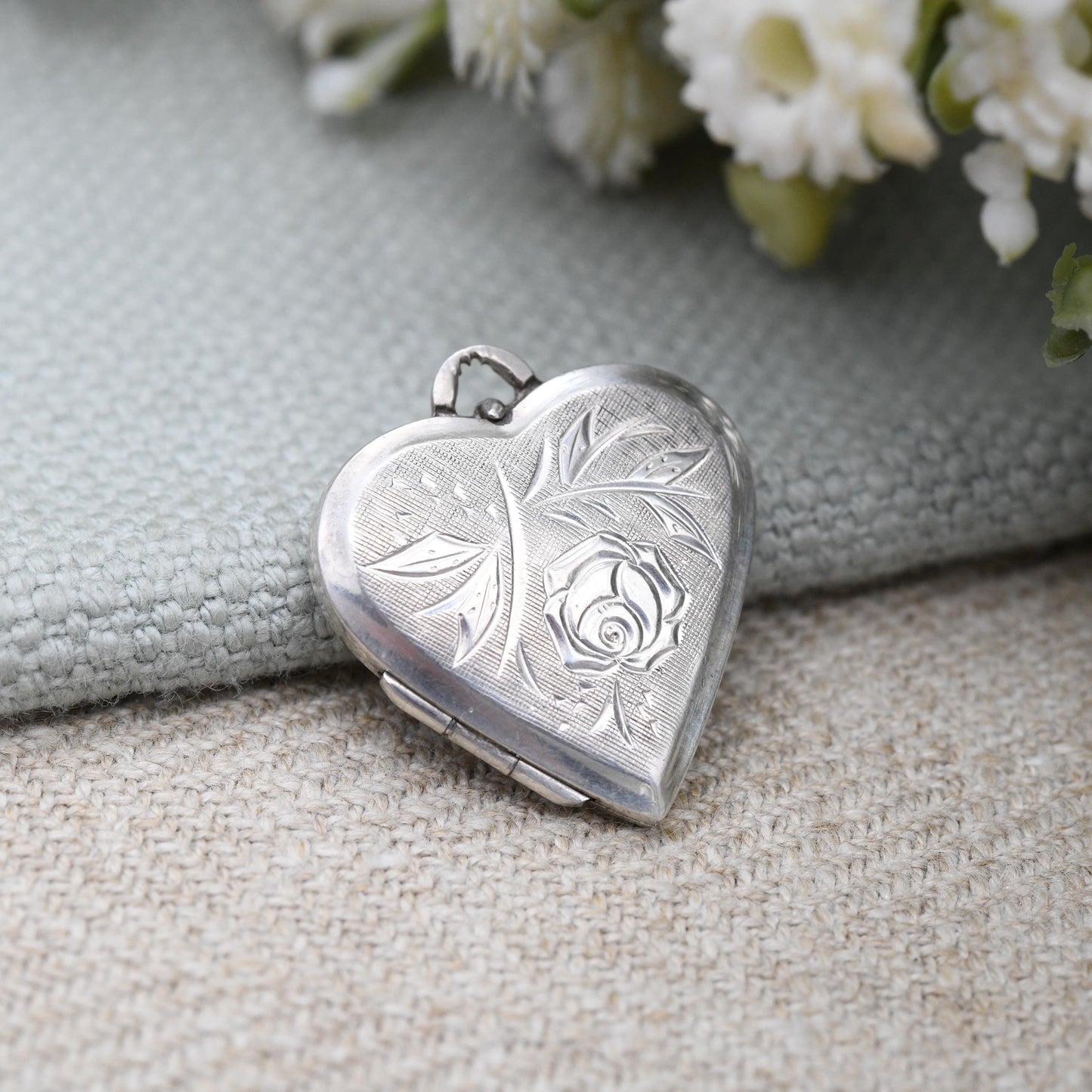 Vintage Sterling Silver Heart Locket Pendant with Engraved Rose Design Kordes and Lichtenfels K&L - Love Heart Shape Jewellery Pretty Gift