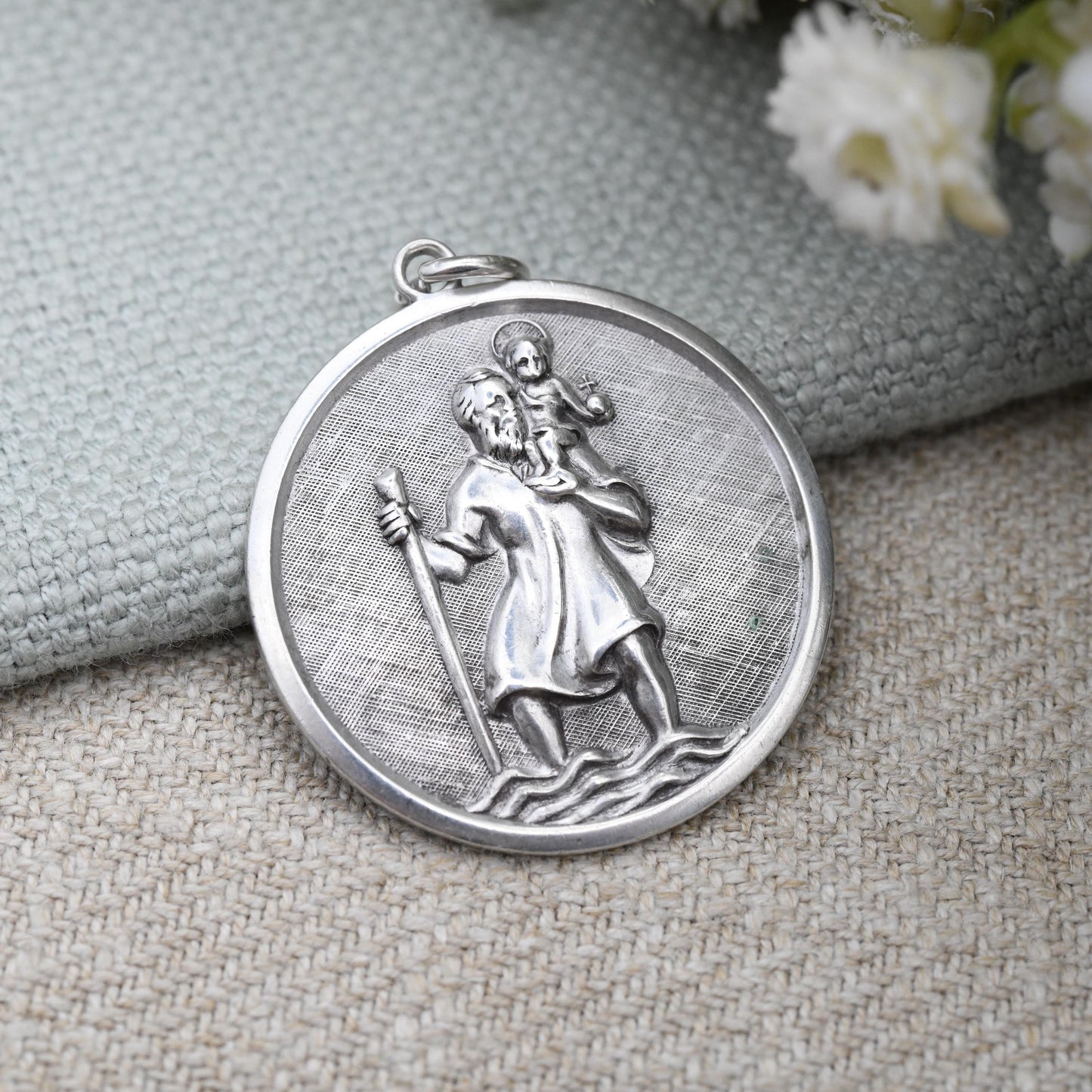 Vintage Sterling Silver St. Christopher Pendant - Textured Large Circle Saint of Travelling | Christian Religious Jewellery | Detailed Image