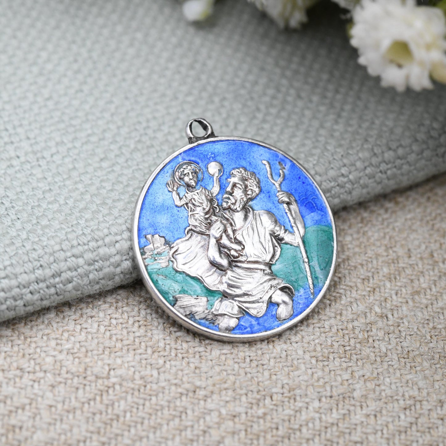 Vintage Sterling Silver St. Christopher Pendant Blue and Green Enamel - Large Circle Saint of Travelling | Christian Religious Jewellery