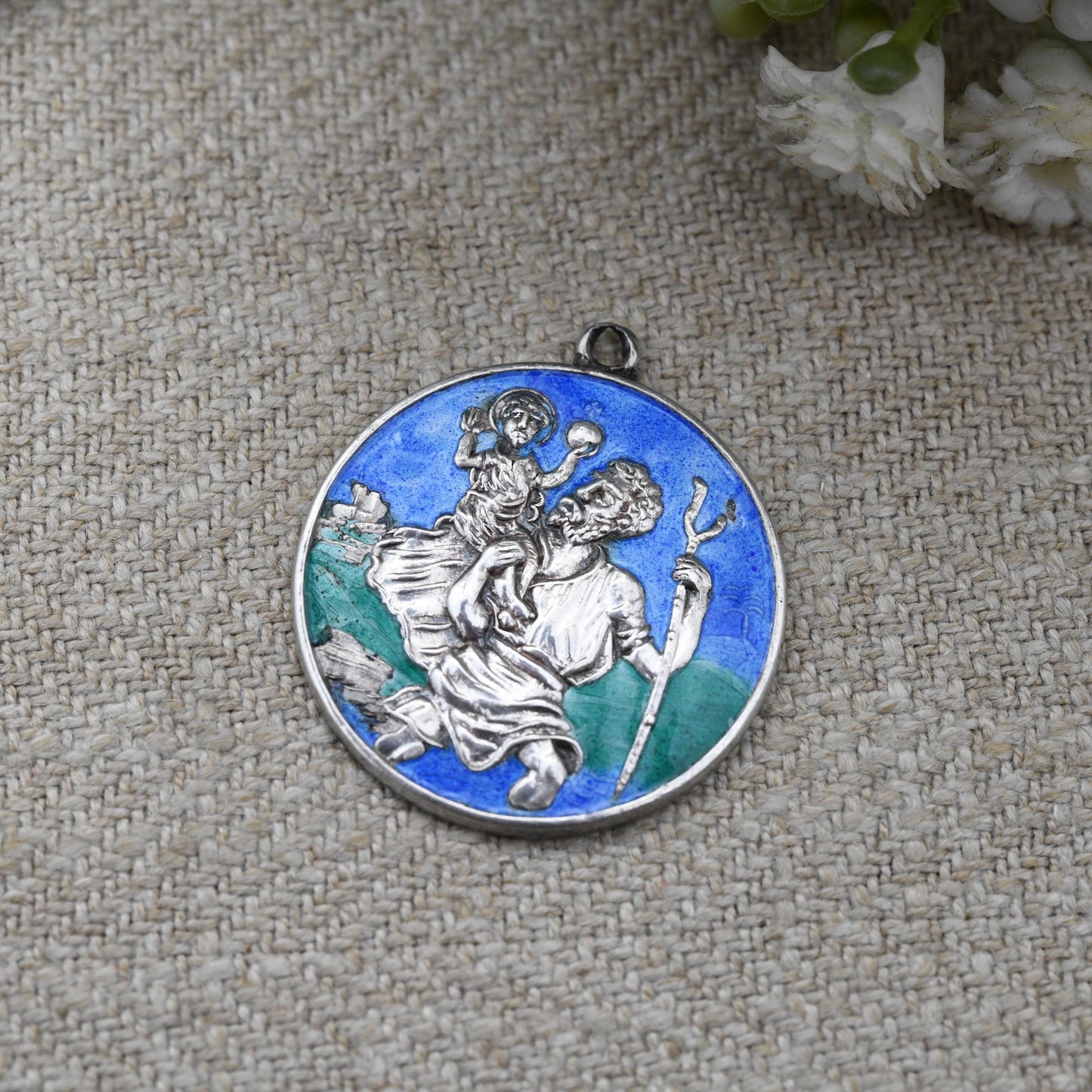Vintage Sterling Silver St. Christopher Pendant Blue and Green Enamel - Large Circle Saint of Travelling | Christian Religious Jewellery