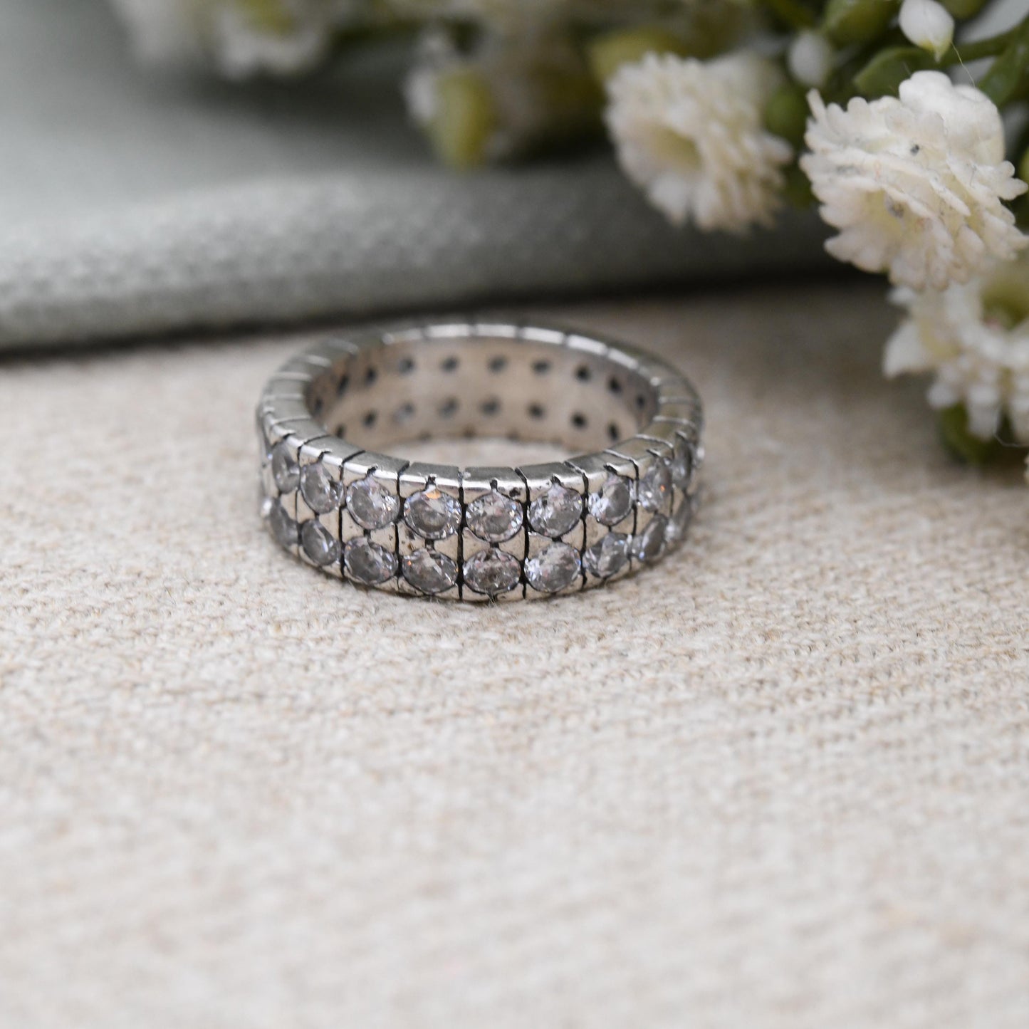 Vintage Sterling Silver Double Eternity Band Ring - Two Rows Sparkly Clear Stones Flush Pave Set Wide Band | UK Size - J 1/2 | US Size - 5