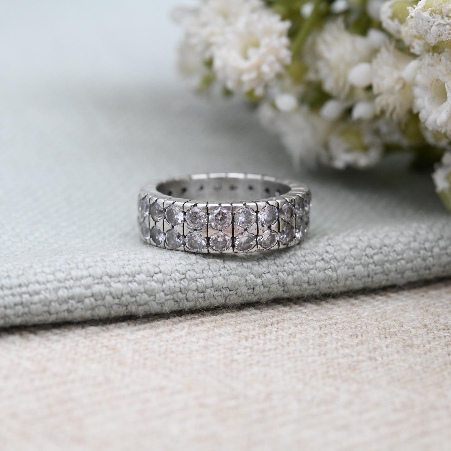 Vintage Sterling Silver Double Eternity Band Ring - Two Rows Sparkly Clear Stones Flush Pave Set Wide Band | UK Size - J 1/2 | US Size - 5