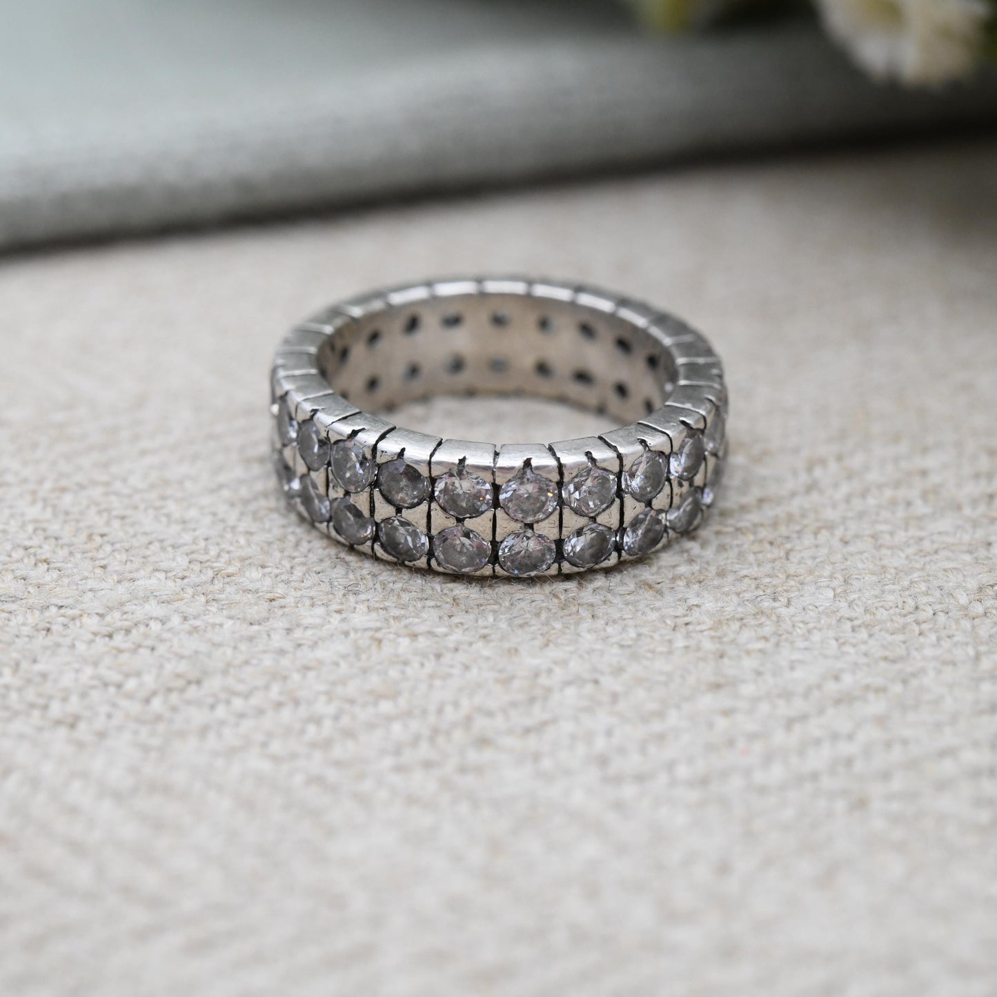 Vintage Sterling Silver Double Eternity Band Ring - Two Rows Sparkly Clear Stones Flush Pave Set Wide Band | UK Size - J 1/2 | US Size - 5