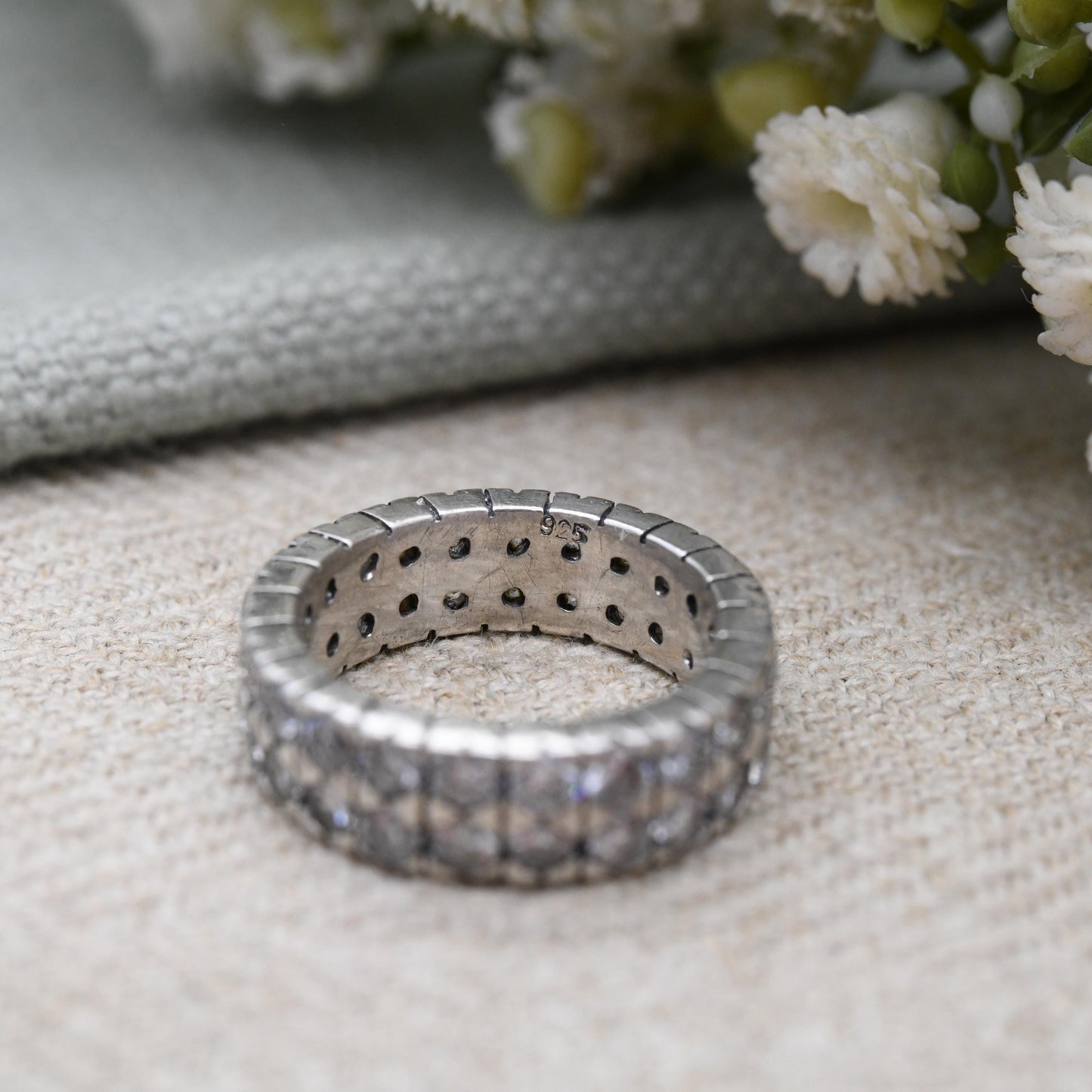 Vintage Sterling Silver Double Eternity Band Ring - Two Rows Sparkly Clear Stones Flush Pave Set Wide Band | UK Size - J 1/2 | US Size - 5