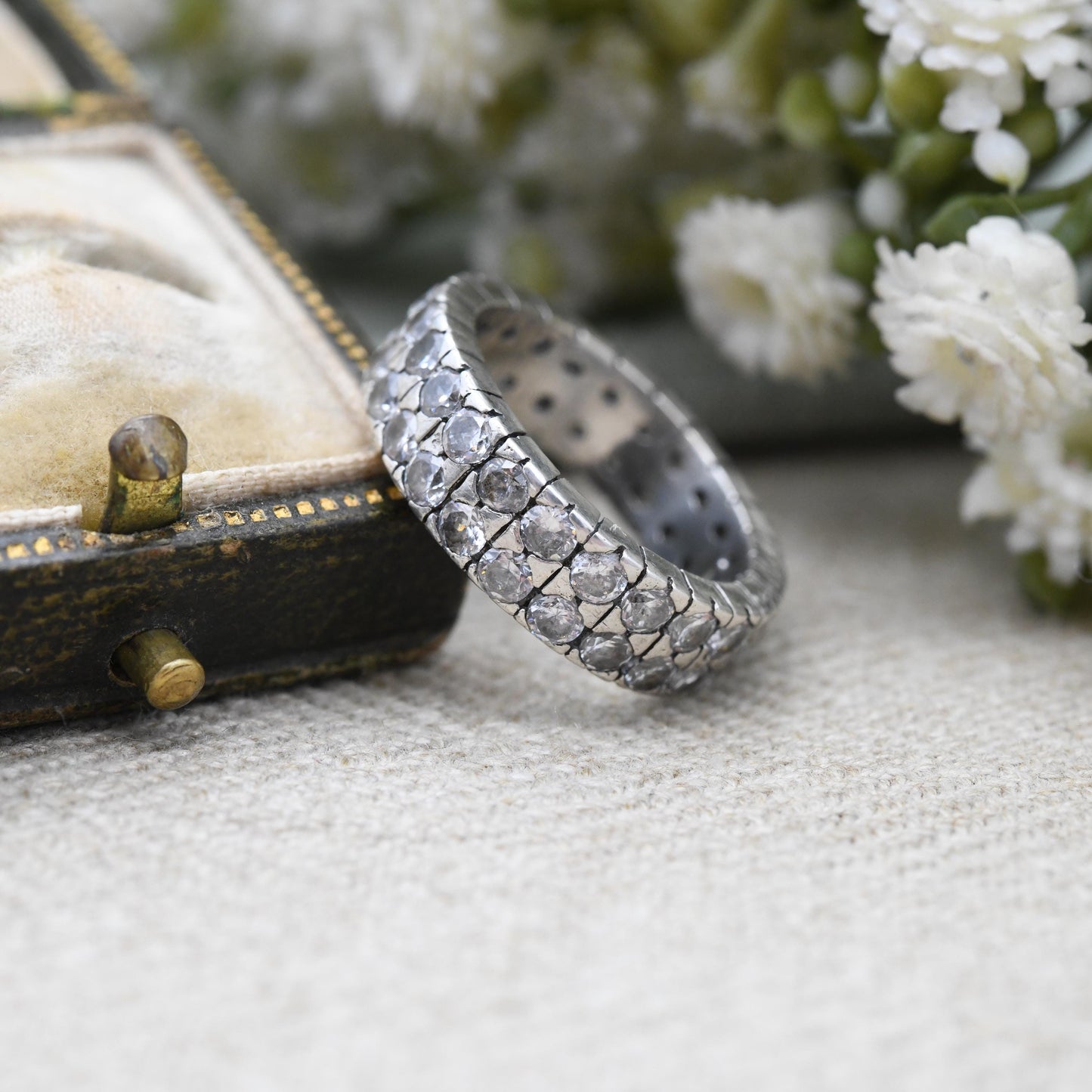 Vintage Sterling Silver Double Eternity Band Ring - Two Rows Sparkly Clear Stones Flush Pave Set Wide Band | UK Size - J 1/2 | US Size - 5