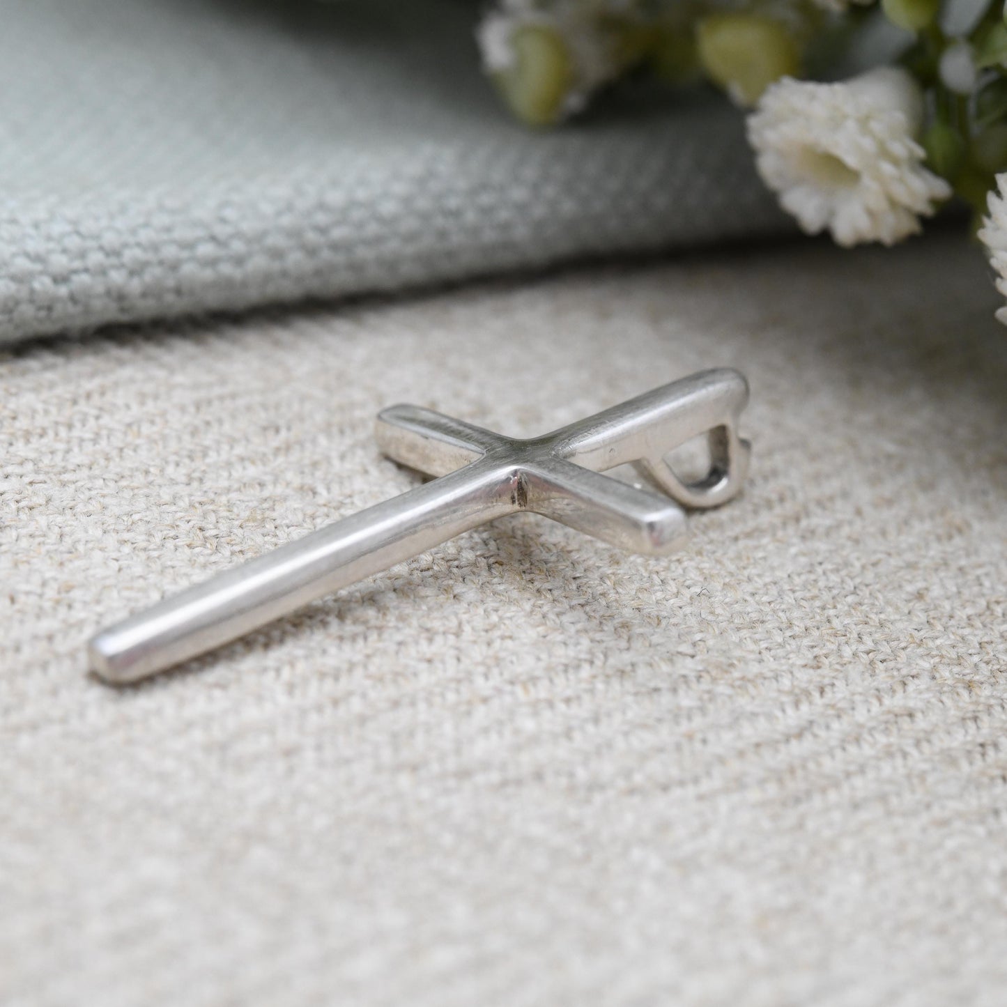 Vintage Sterling Silver Cross Pendant with Built in Bale - Minimal Silver Jewellery Plain Design | Religious Jewellery Christening Gift