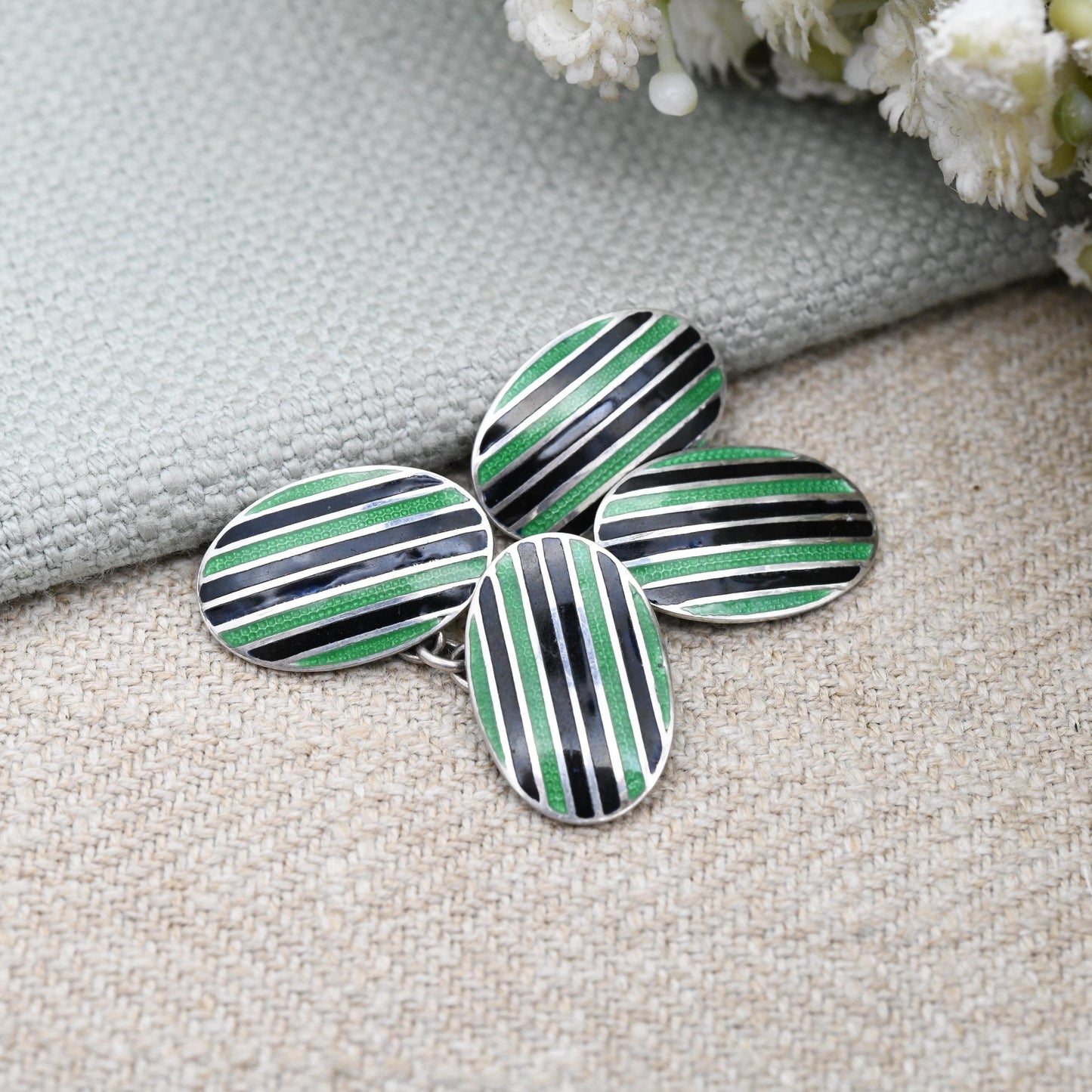 Vintage Sterling Silver Guilloche Enamel Cufflinks Black and Green - c. 1940 1950 Mid-Century Silver Jewellery Gift | Oval Panel Chain Link