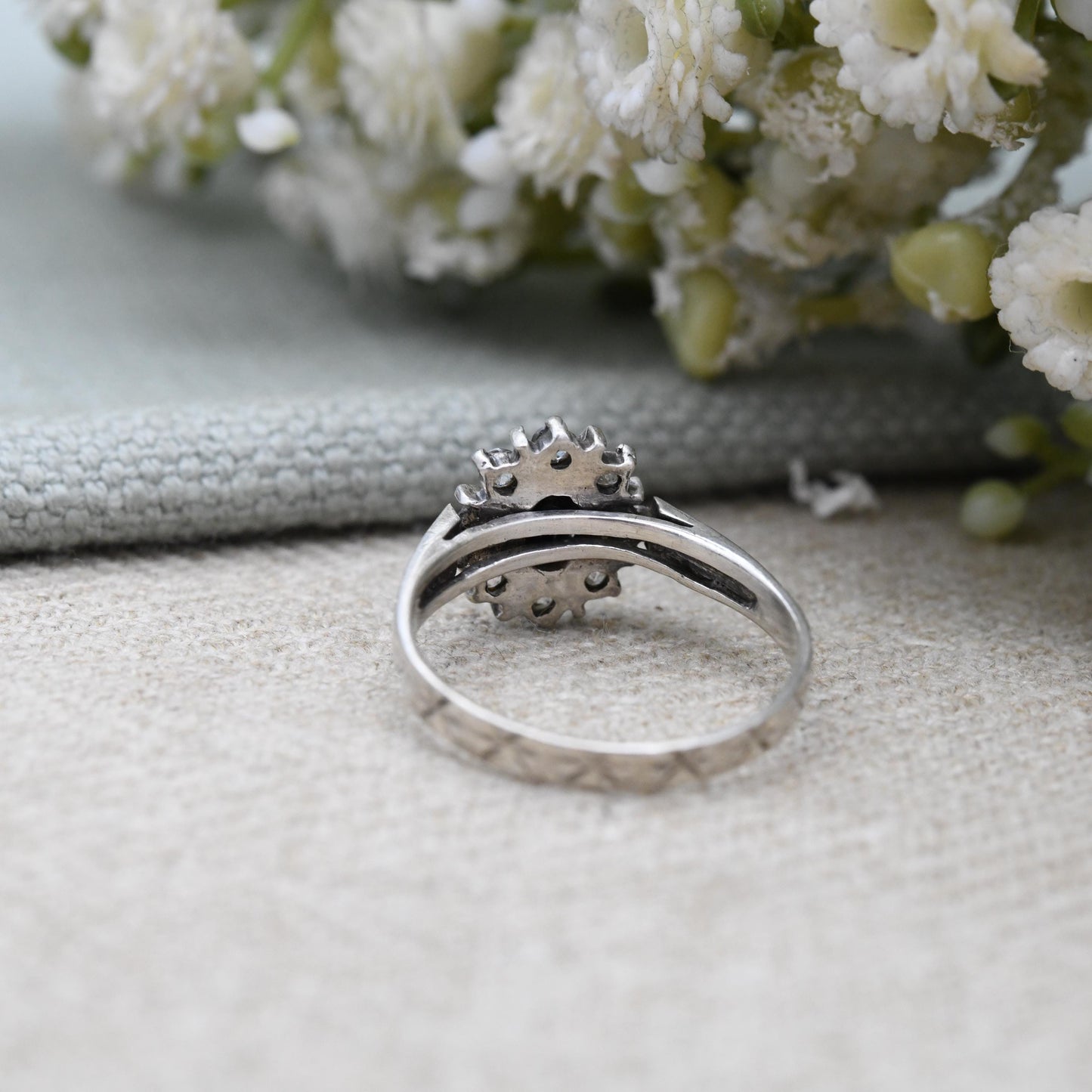 Vintage Sterling Silver Sapphire Halo Ring Star Cut Band - Mid-Century Sparkly Cocktail Ring with Clear Stones | UK Size - N 1/2 US Size - 7