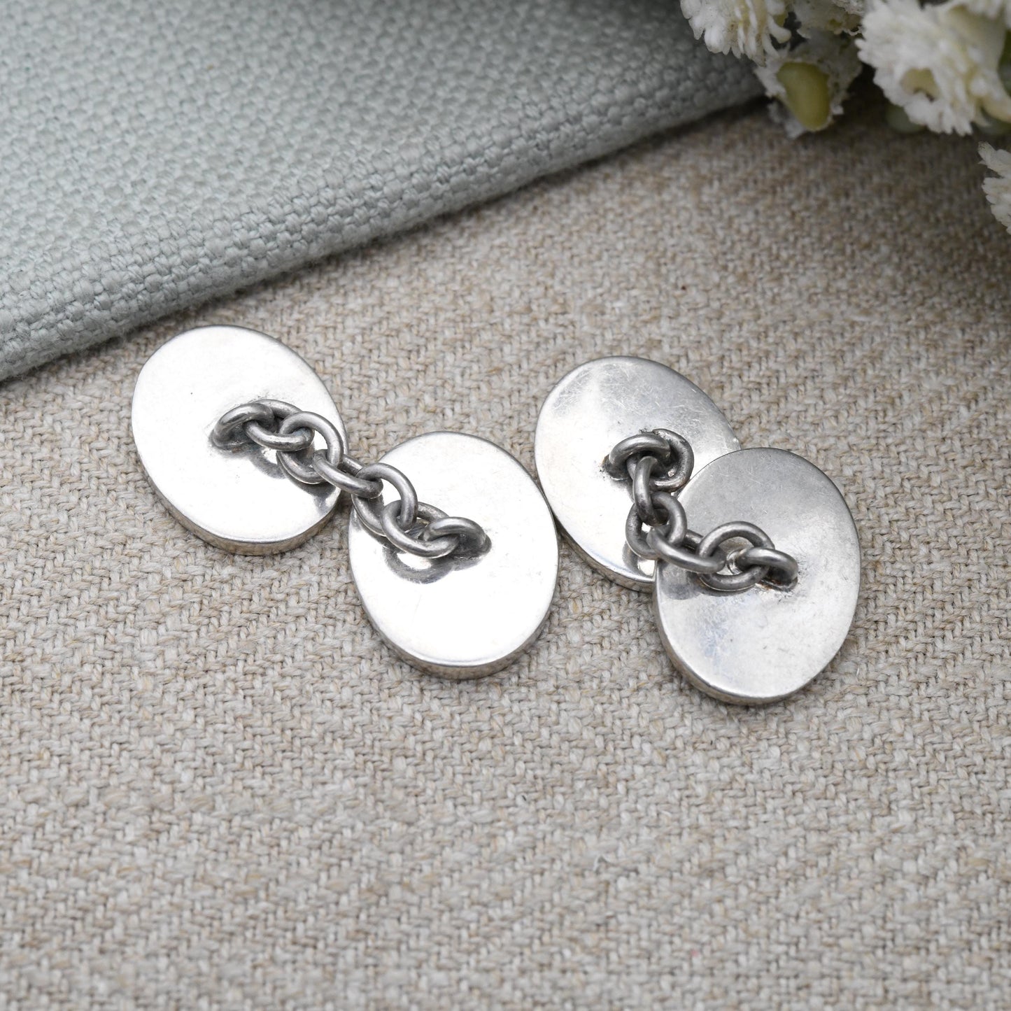 Vintage Sterling Silver Hallmark Cufflinks Year 2000 Millennium - Oval and Chain Quality Minimal Luxury Jewellery Gift for Him | DT Hallmark