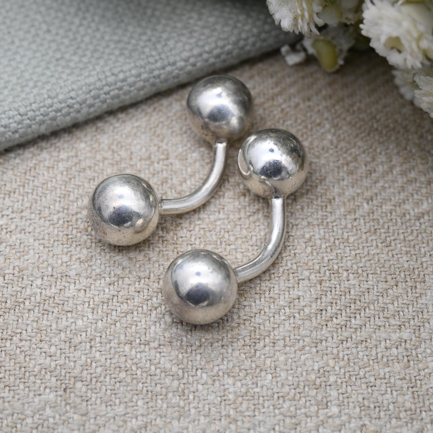 Vintage Links of London Sterling Silver Ball Cufflinks 1998 - Minimal Barbell Style Solid Silver Cufflinks Ball and Bar | Genuine Designer