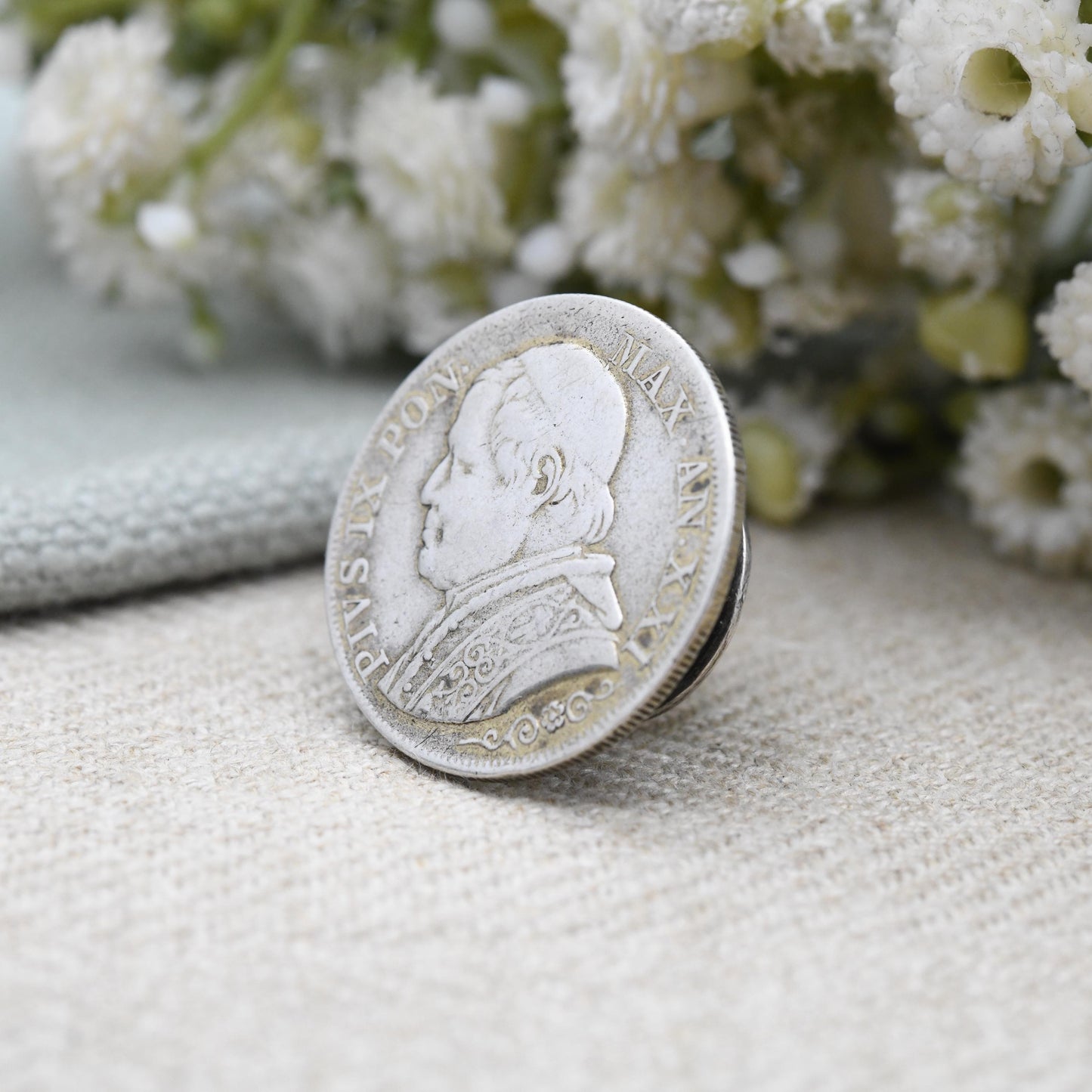 Antique Pope Pius IX Silver Coin Button 1872 USA Half Dime - Collectable Silver Coin Jewellery | 1 Lira 1866 Victorian Era | Unusual Antique