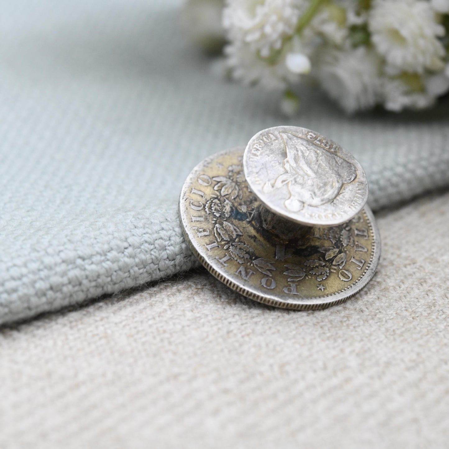 Antique Pope Pius IX Silver Coin Button 1872 USA Half Dime - Collectable Silver Coin Jewellery | 1 Lira 1866 Victorian Era | Unusual Antique