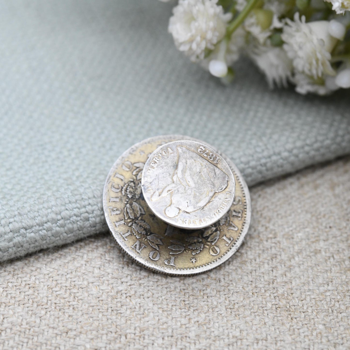 Antique Pope Pius IX Silver Coin Button 1872 USA Half Dime - Collectable Silver Coin Jewellery | 1 Lira 1866 Victorian Era | Unusual Antique