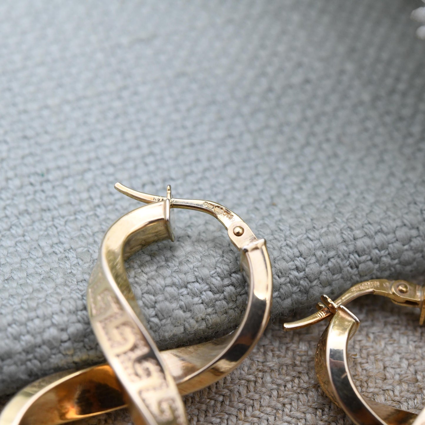 Vintage 9ct Gold Twisted Hoop Earrings with Meander Design - Textured Greek Key Long Hoops Figure of Eight Figure 8 Shape Chunky Yellow Gold