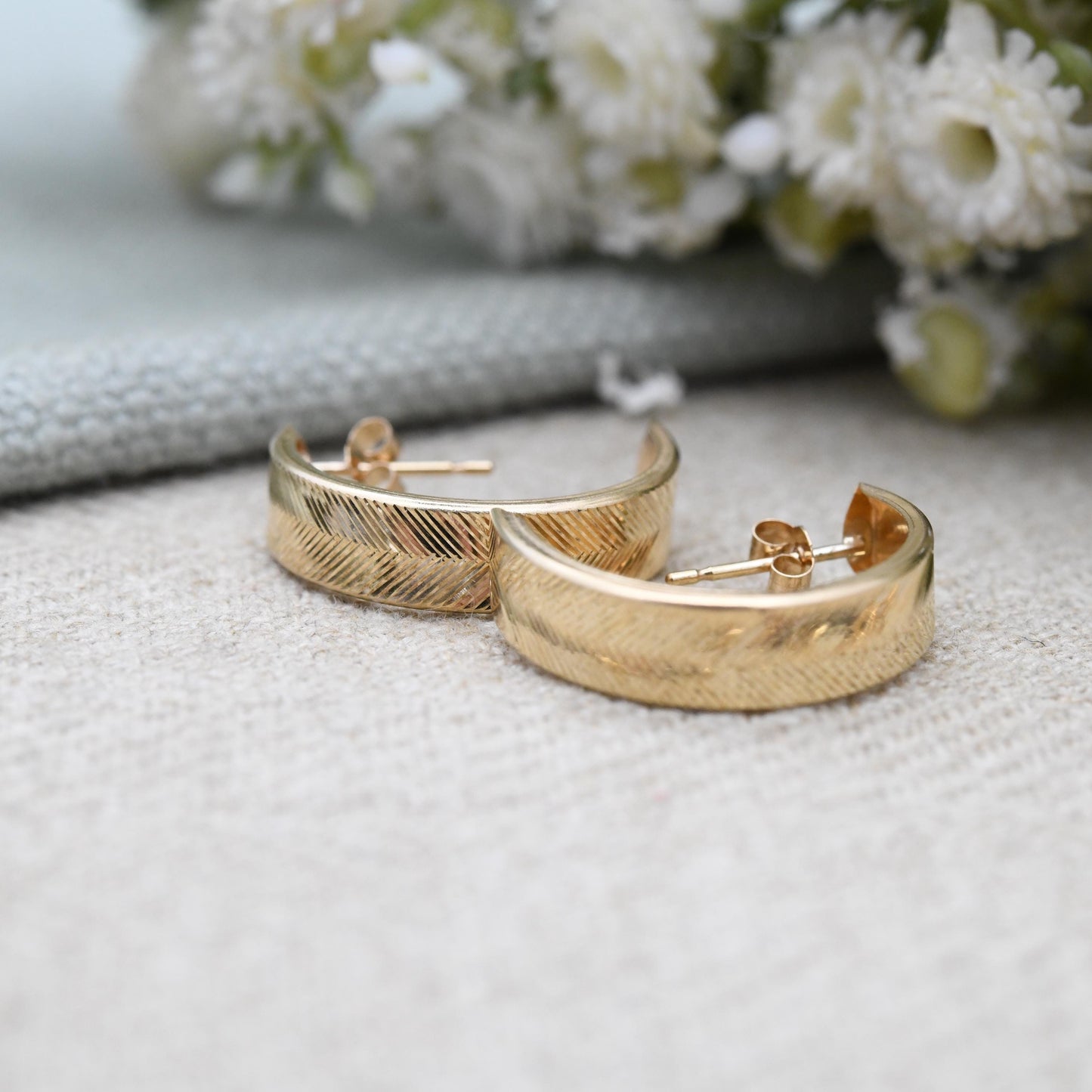 Vintage 9ct Gold Half Hoop Stud Earrings Mid-Century - Semi Circle Shape Big Stud | Solid Gold Jewellery Gift for Her | with Butterfly Backs