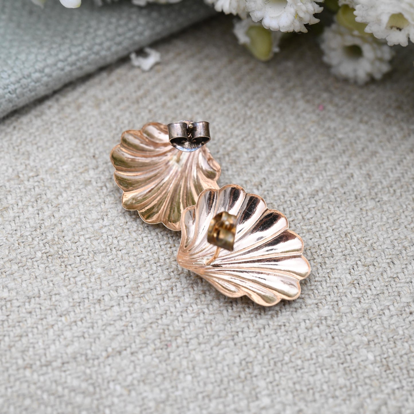 Vintage 9ct Rose Gold Shell Stud Earrings Mid-Century - Scallop Shape Big Studs | Solid Gold Jewellery Gift for Her | with Butterfly Backs