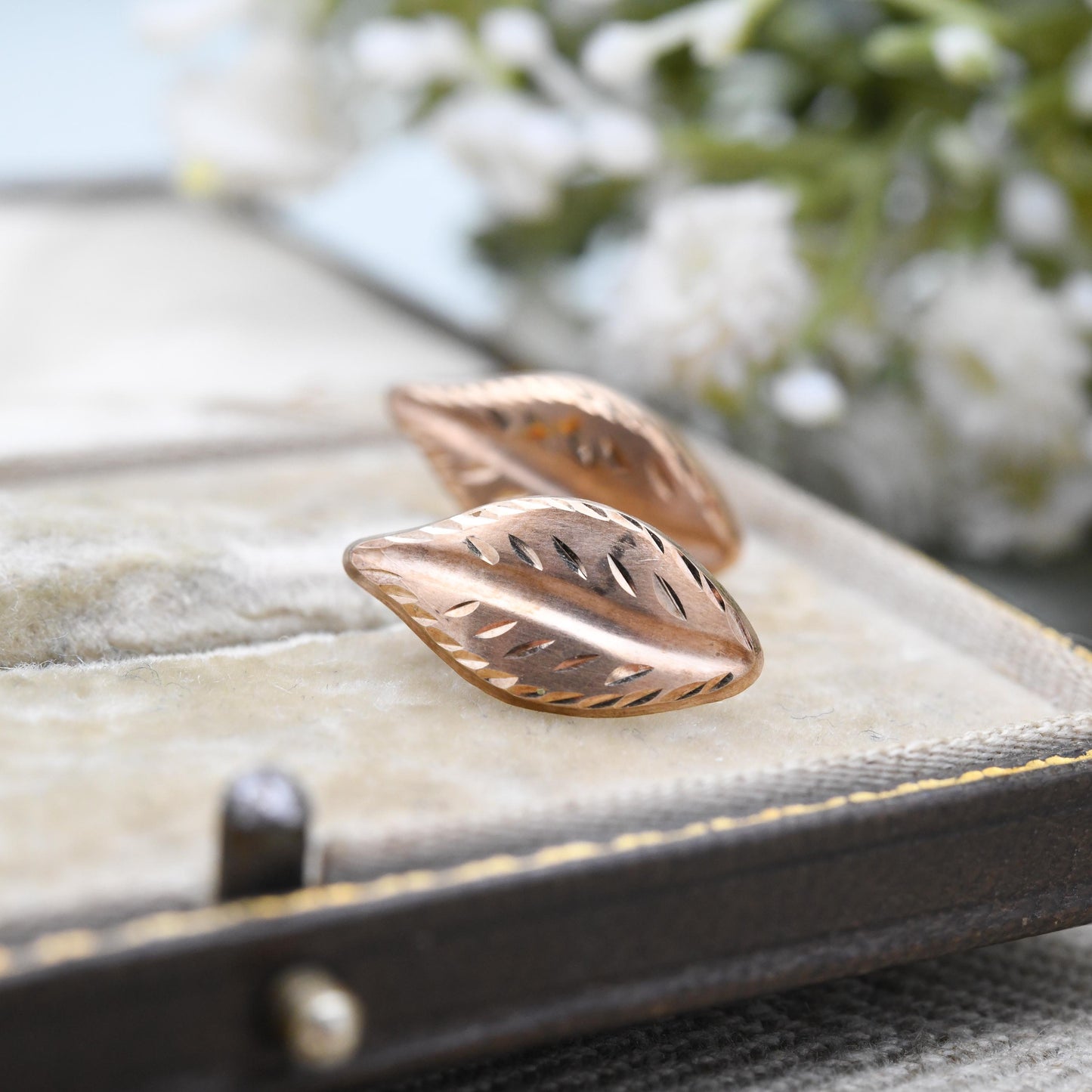 Vintage 9ct Rose Gold Leaf Stud Earrings - Mid-Century Textured Leaves | Delicate Gold Studs | Gift for Her | Butterfly Backs