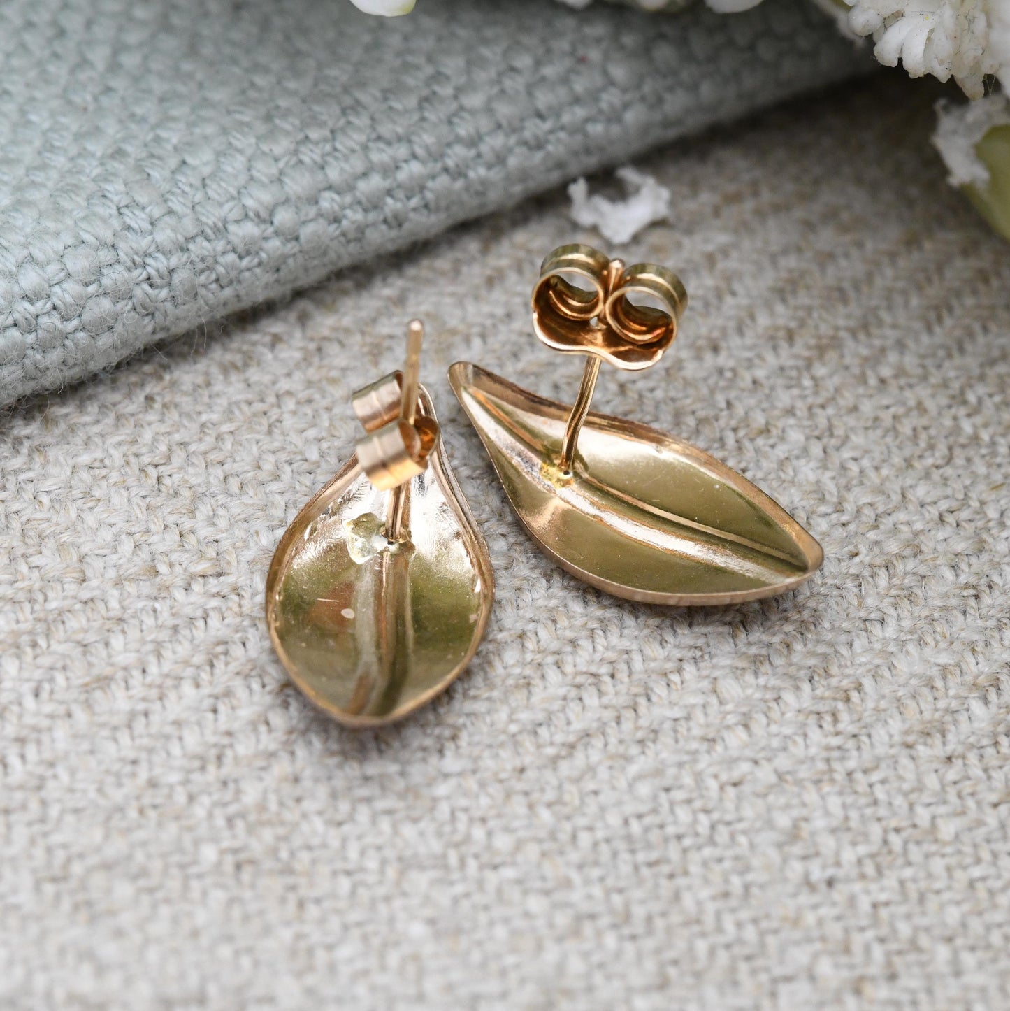Vintage 9ct Rose Gold Leaf Stud Earrings - Mid-Century Textured Leaves | Delicate Gold Studs | Gift for Her | Butterfly Backs