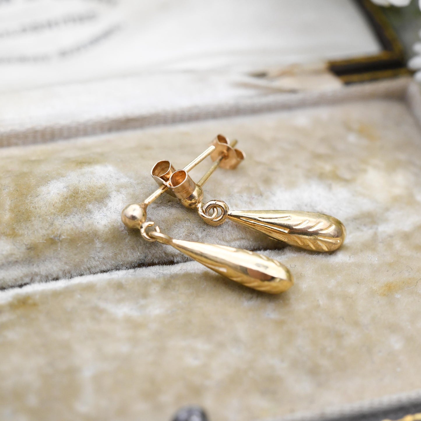 Vintage 9ct Gold Torpedo Drop Earrings - Small Delicate Light Gold Stud Dangle Earrings with Butterfly Backs | Minimal Design