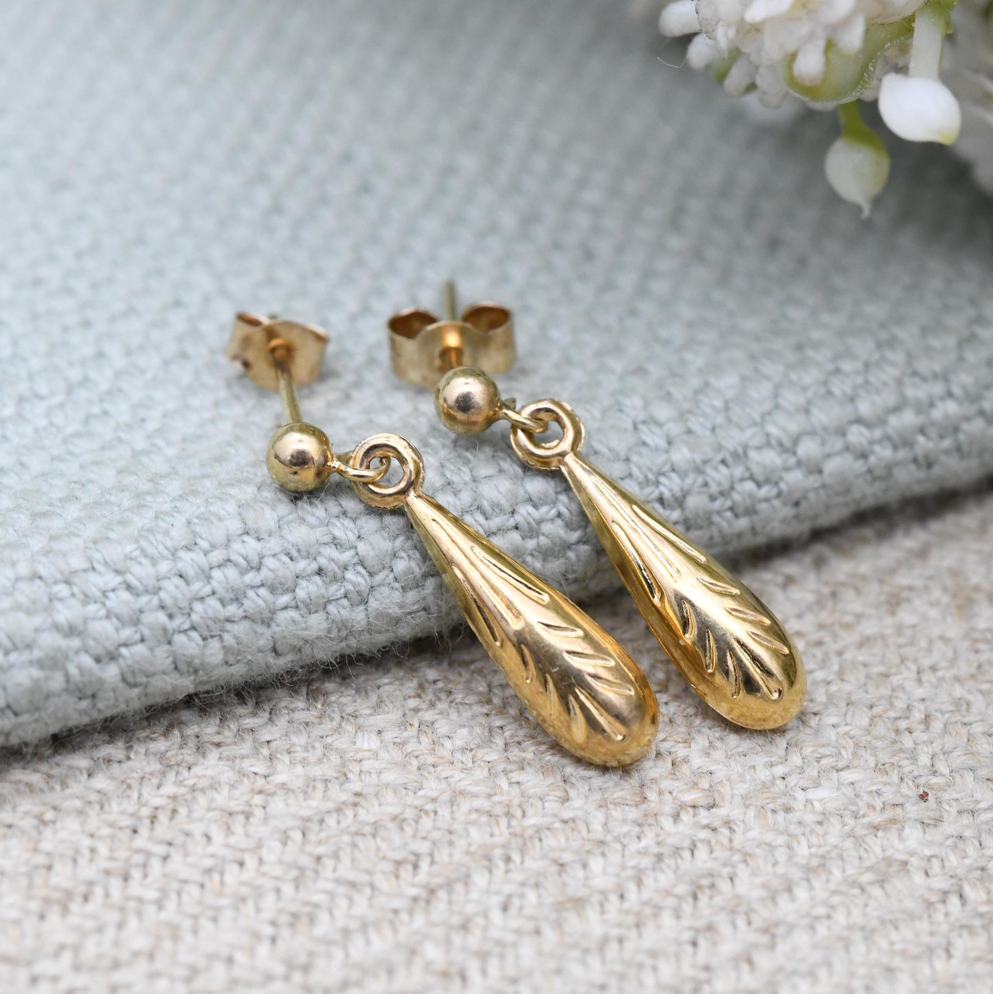 Vintage 9ct Gold Torpedo Drop Earrings - Small Delicate Light Gold Stud Dangle Earrings with Butterfly Backs | Minimal Design
